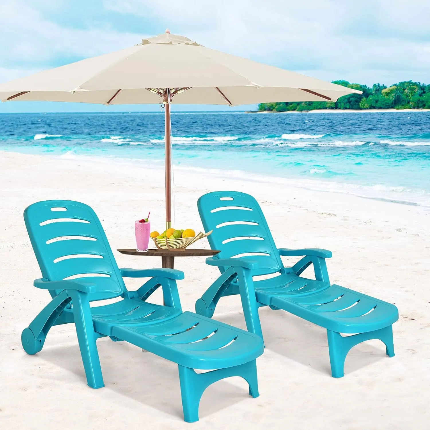 Giantex Patio Chaise Lounge Recliner on Wheels, Folding Deck Chair with Armrests, 5 Adjustable Positions for Poolside, Yard, Garden Rolling Outdoor Lounger Sunbathing Beach Chair(2, Turquoise)