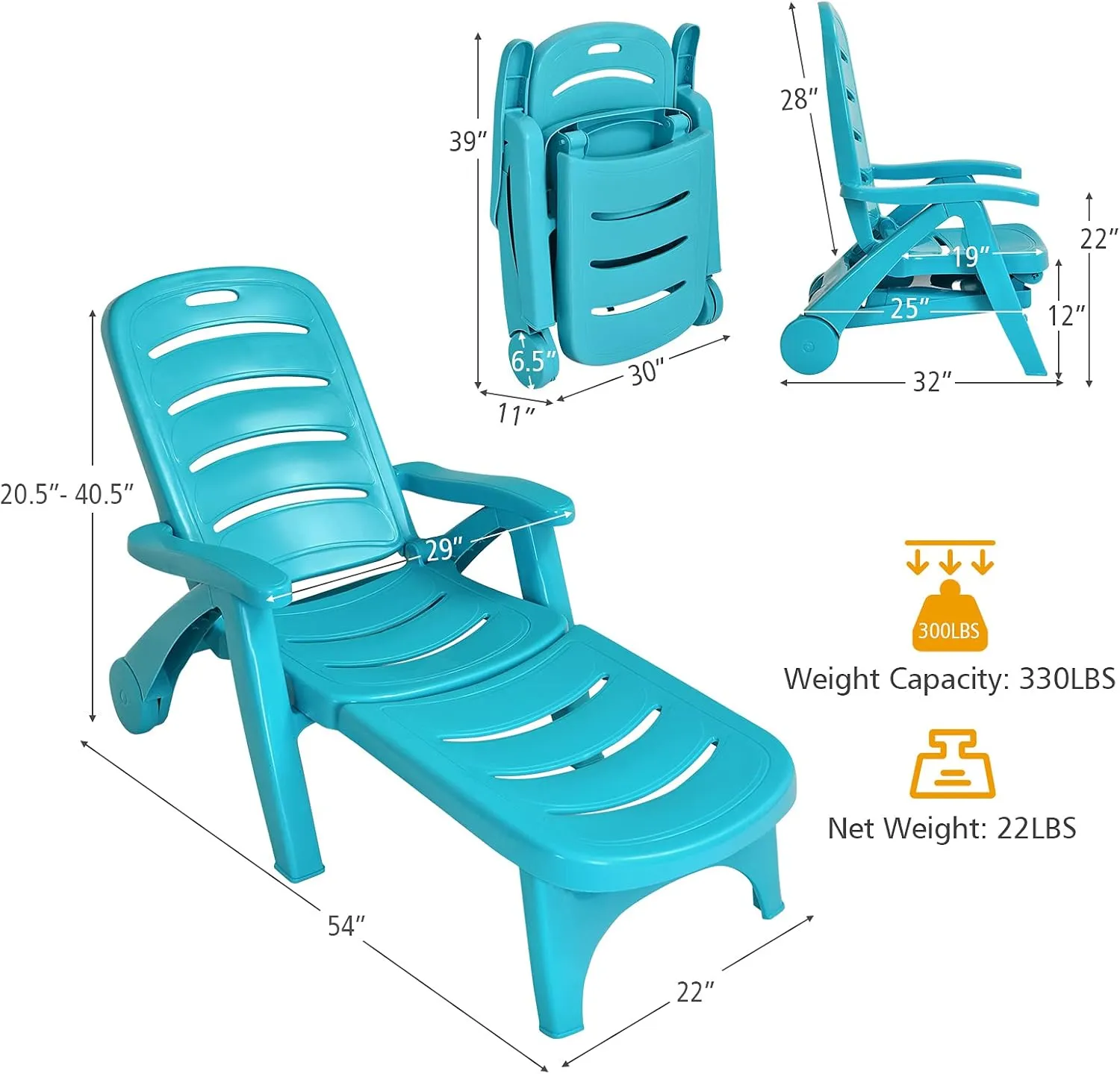 Giantex Patio Chaise Lounge Recliner on Wheels, Folding Deck Chair with Armrests, 5 Adjustable Positions for Poolside, Yard, Garden Rolling Outdoor Lounger Sunbathing Beach Chair(2, Turquoise)