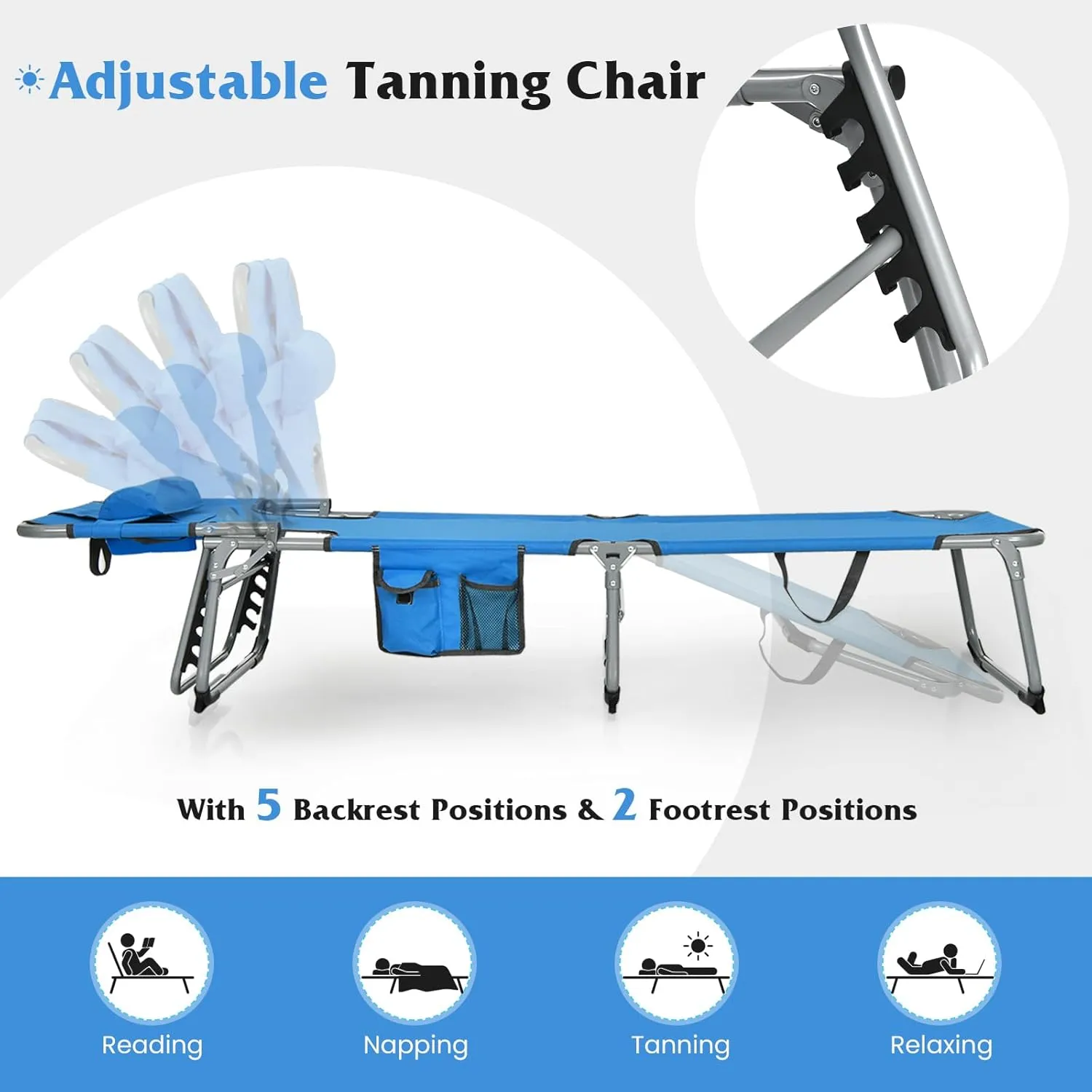 Giantex Tanning Chair, 330lbs Portable Lounge Chair with 5-Position Adjustable Backrest, Face Arm Holes, Side Pocket, Folding Patio Chaise Lounger for Beach, Poolside, Outdoor Sunbathing (1, Navy)