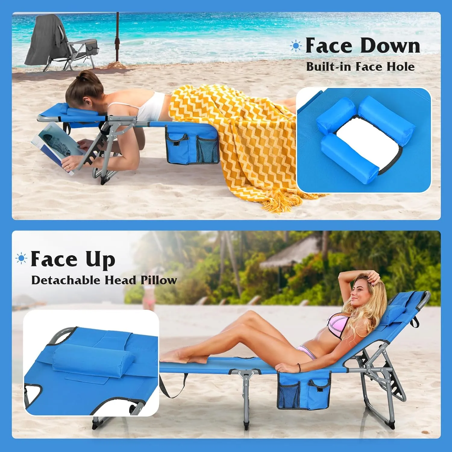 Giantex Tanning Chair, 330lbs Portable Lounge Chair with 5-Position Adjustable Backrest, Face Arm Holes, Side Pocket, Folding Patio Chaise Lounger for Beach, Poolside, Outdoor Sunbathing (1, Navy)