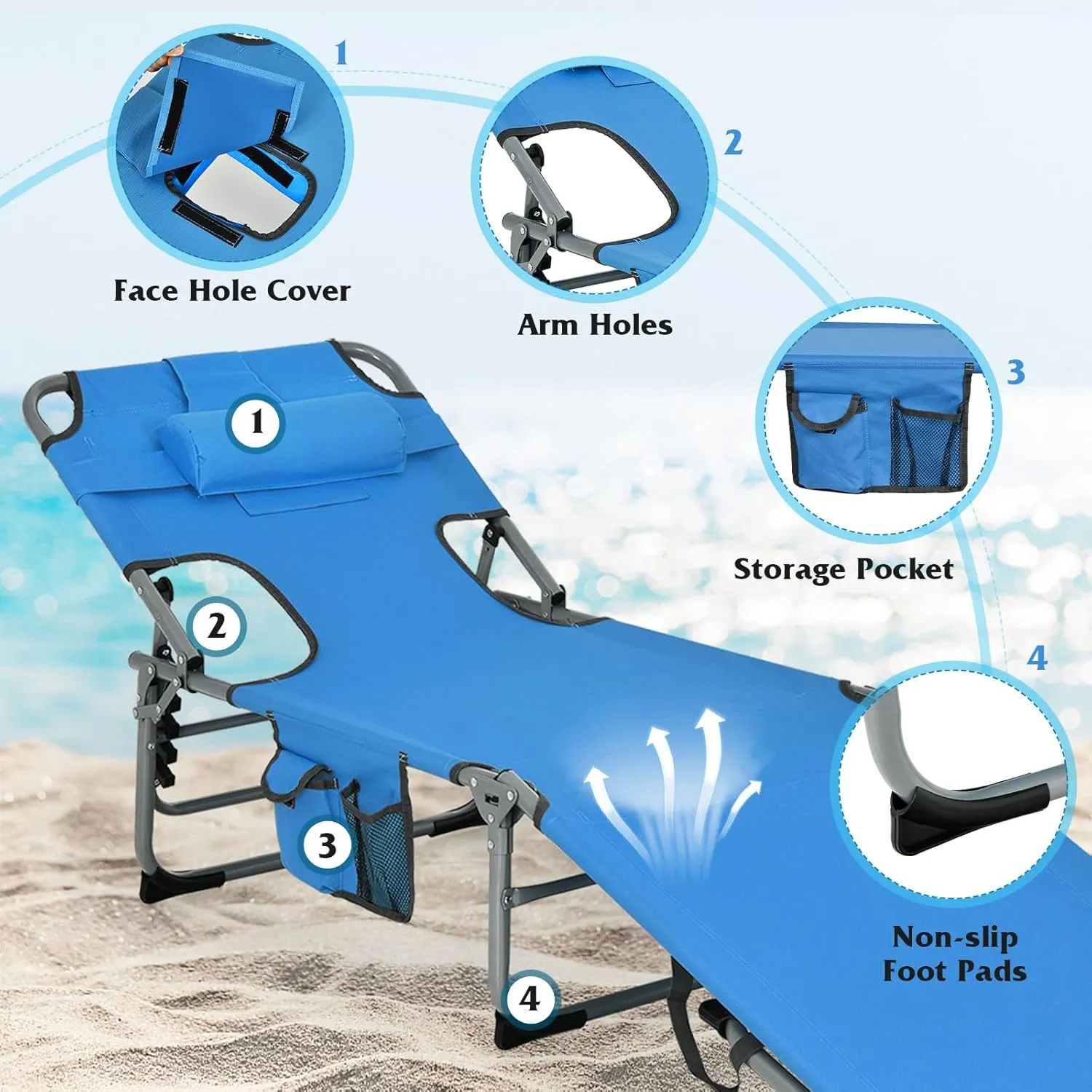 Giantex Tanning Chair, 330lbs Portable Lounge Chair with 5-Position Adjustable Backrest, Face Arm Holes, Side Pocket, Folding Patio Chaise Lounger for Beach, Poolside, Outdoor Sunbathing (1, Navy)