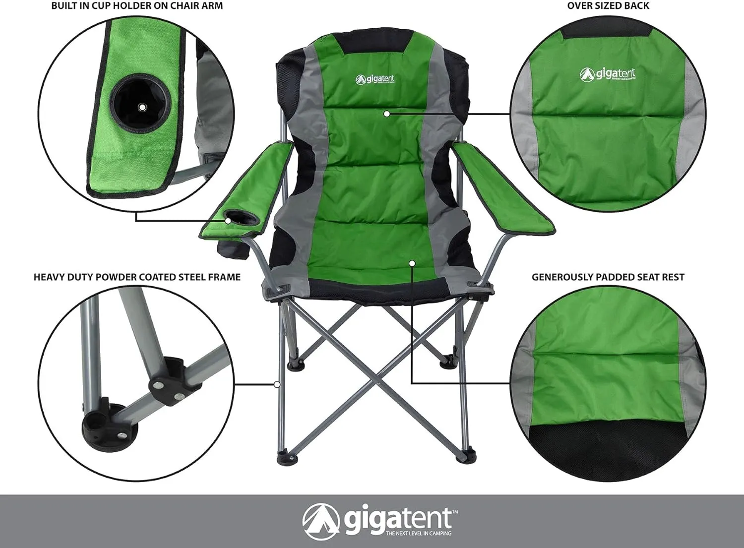 GigaTent Green Folding Camping Chair – Ultra Lightweight Collapsible Quad Padded Lawn Seat with Full Back, Arm Rests, Cup Holder and Shoulder Strap Carrying Bag – Powder Coated Steel Frame