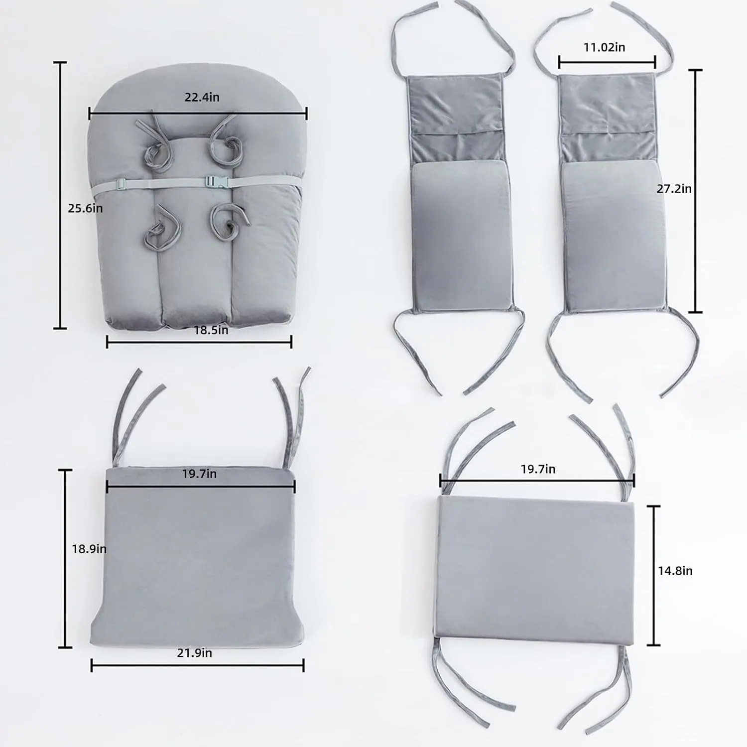 Glider Rocker Cushions Replacement Set 5 PCS with Storage Velvet Washable Replacement Cushions Wooden Rocking Chair Universal Grey