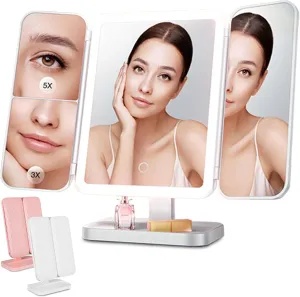 Glisera Smart Mirror - 3 Color LED Makeup Mirror with Magnification, Folding 180° Rotating Trifold Vanity Mirror, Portable & Compact Lighted Mirror for Travel, Home & Hotel Use (White)