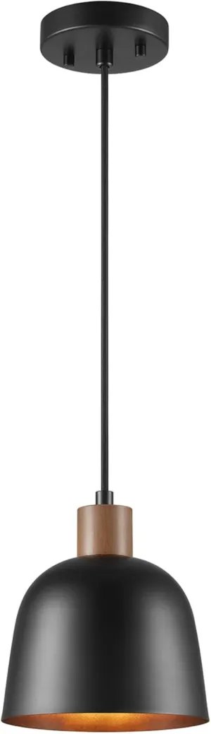 GLOBE Electric 67000193 1-Light Pendant Lighting, Matte Black, Wood-Toned Accent on Socket, 5ft Black Fabric Cord, Home Improvement, Kitchen, Living Room, Hanging Ceiling Light