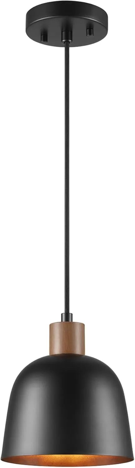 GLOBE Electric 67000193 1-Light Pendant Lighting, Matte Black, Wood-Toned Accent on Socket, 5ft Black Fabric Cord, Home Improvement, Kitchen, Living Room, Hanging Ceiling Light