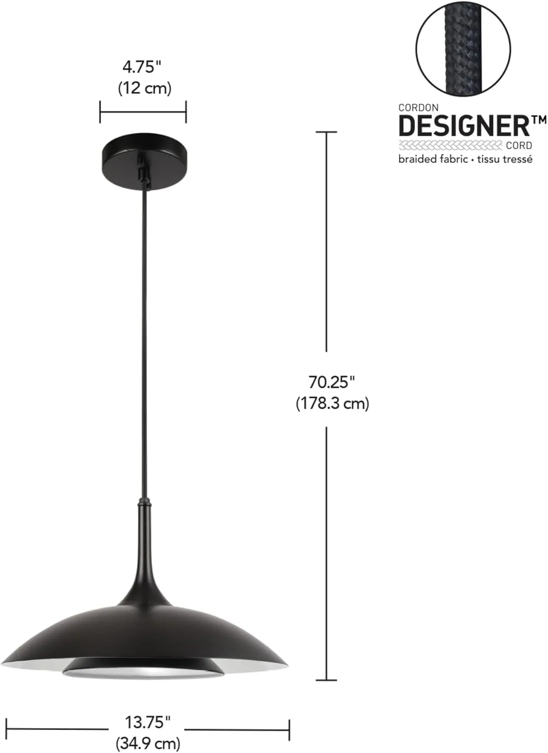 GLOBE Novogratz x Electric 67000104 Novogratz x 14W LED Integrated Glossy Black Pendant Lighting with White Interior Shade and Black Cord
