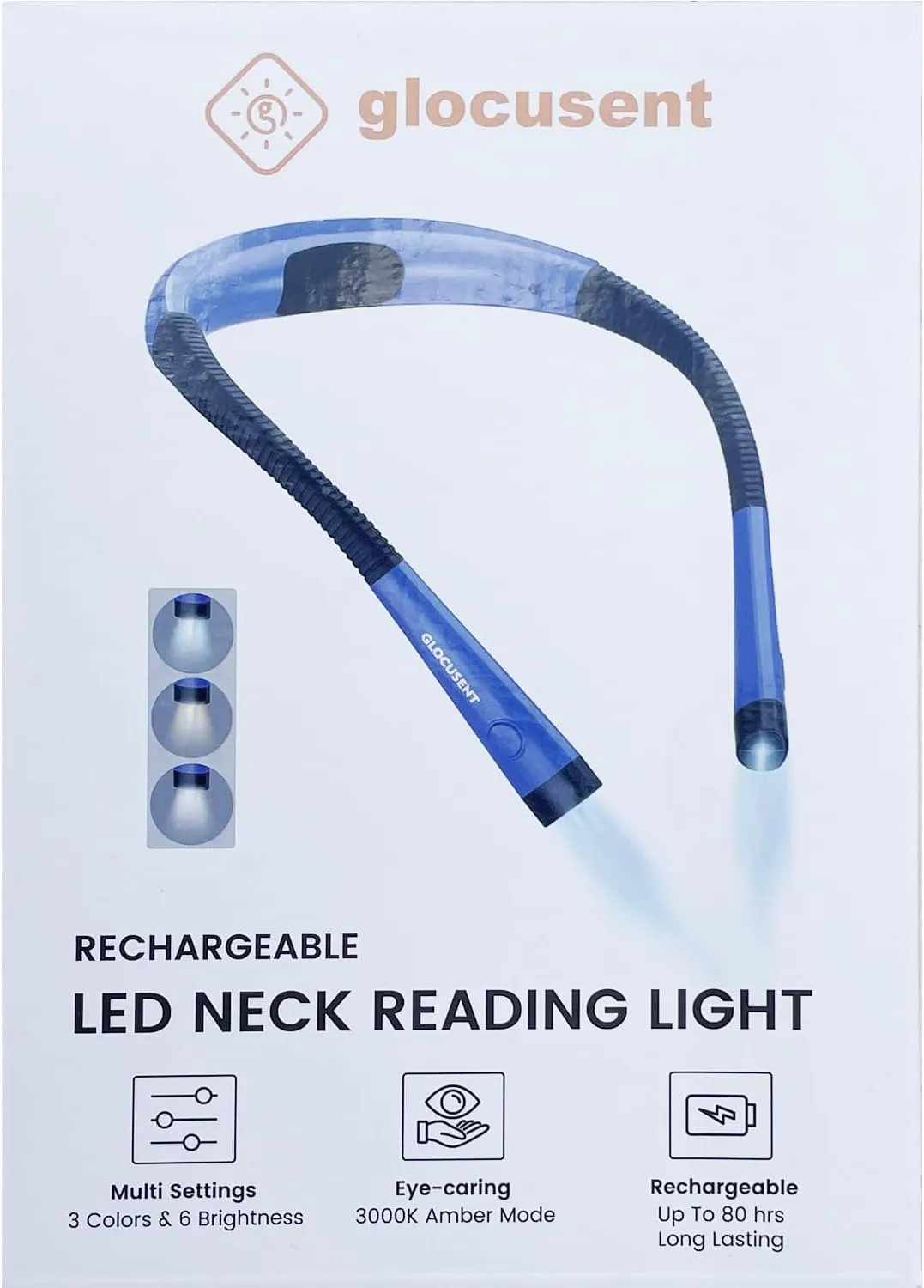 Glocusent Book Light, 3-Color & 6-Brightness Reading Light, Bendable Neck Light, 80-hr Lasting Rechargeable Lamp, Perfect Book Light for Reading in Bed, Knitting, Camping, Repairing, Book Lovers Gifts