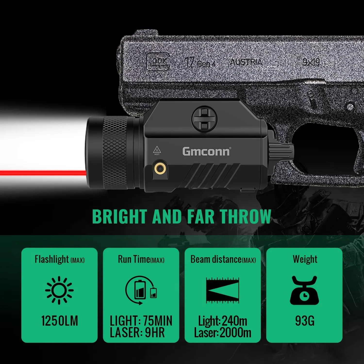 Gmconn 1250 Lumen Tactical Flashlight Red Laser Light Combo, Rechargeable Pistol Light with Strobe/Momentary Compatible with Picatinny