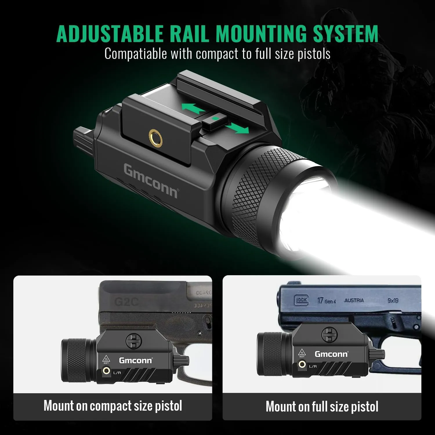 Gmconn 1250 Lumen Tactical Flashlight Red Laser Light Combo, Rechargeable Pistol Light with Strobe/Momentary Compatible with Picatinny