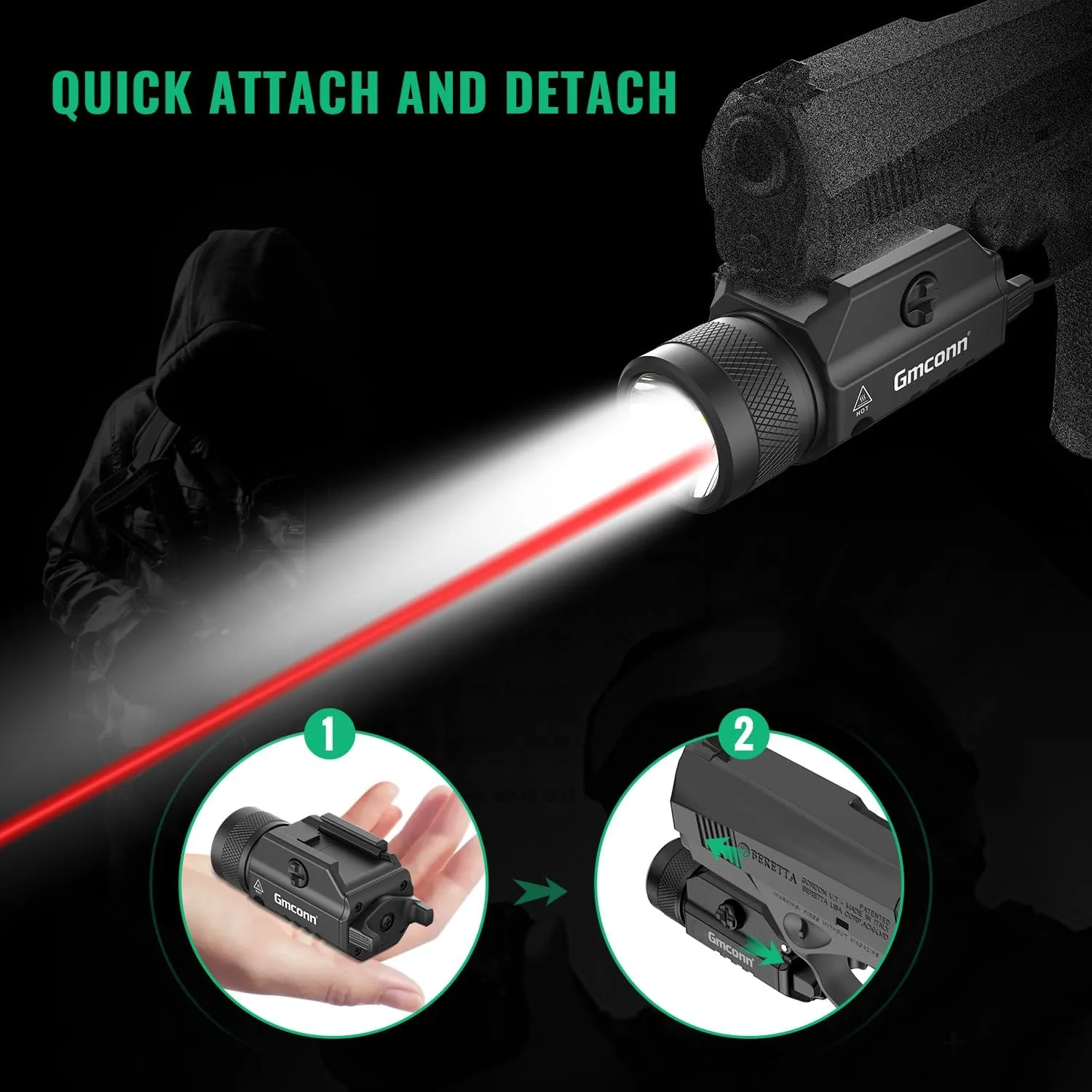 Gmconn 1250 Lumen Tactical Flashlight Red Laser Light Combo, Rechargeable Pistol Light with Strobe/Momentary Compatible with Picatinny