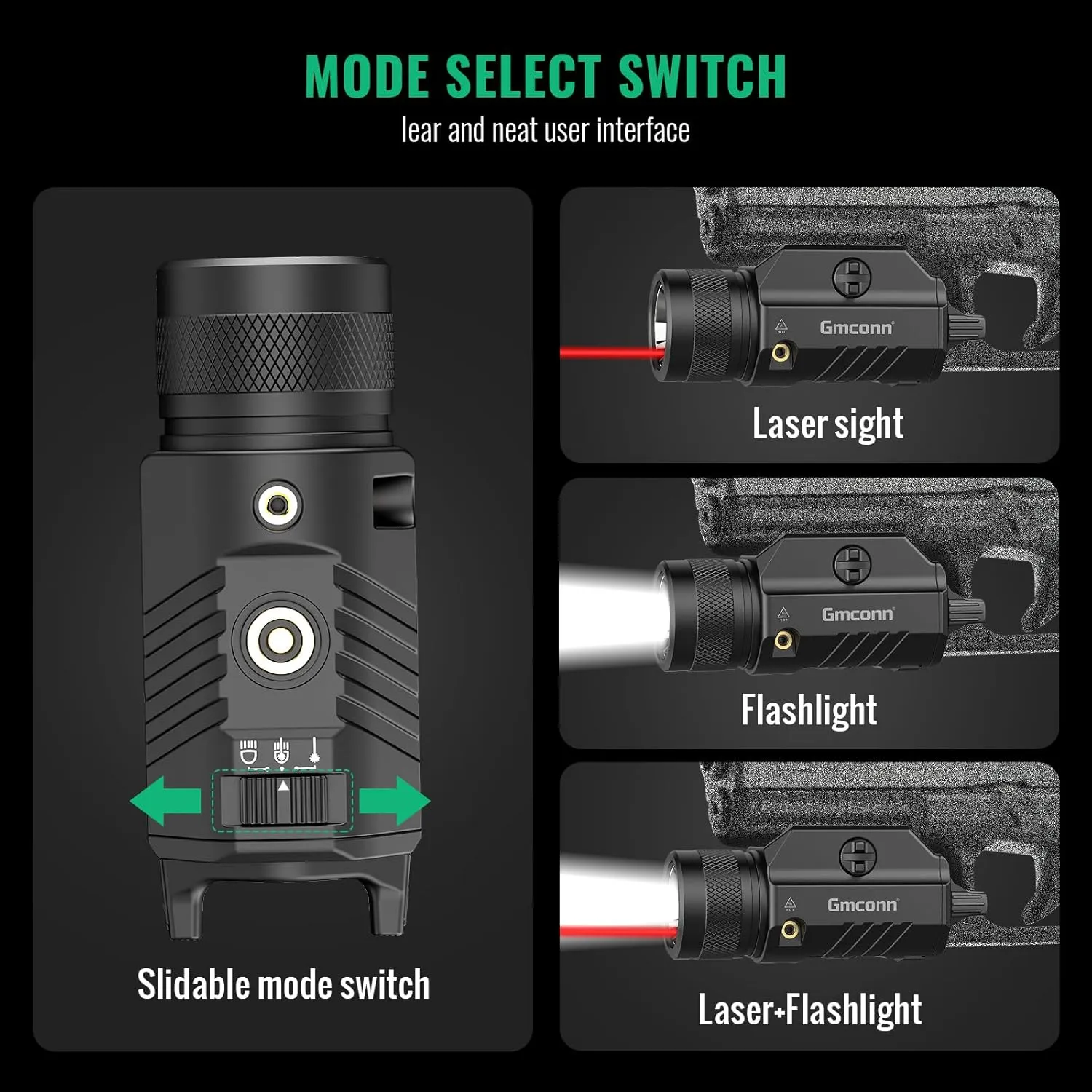 Gmconn 1250 Lumen Tactical Flashlight Red Laser Light Combo, Rechargeable Pistol Light with Strobe/Momentary Compatible with Picatinny