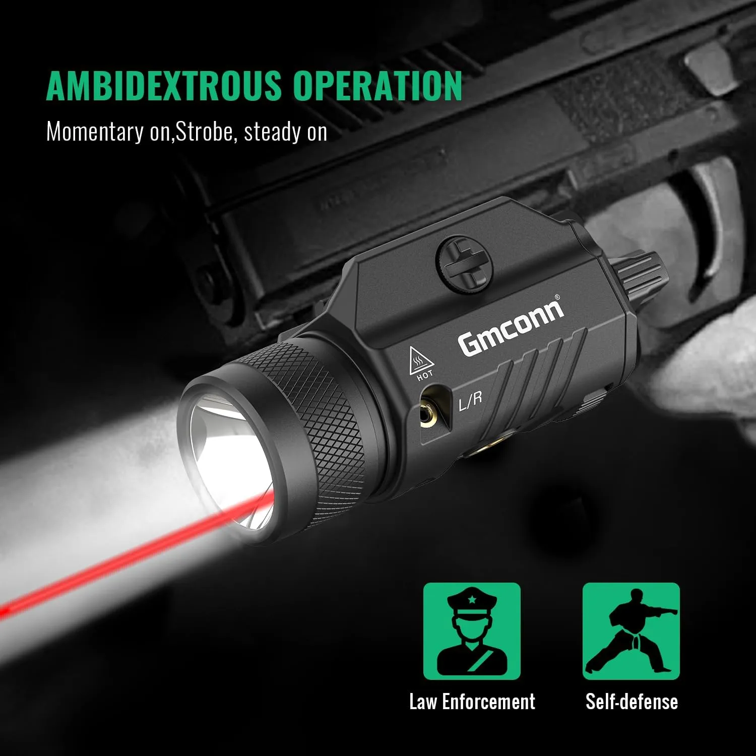 Gmconn 1250 Lumen Tactical Flashlight Red Laser Light Combo, Rechargeable Pistol Light with Strobe/Momentary Compatible with Picatinny