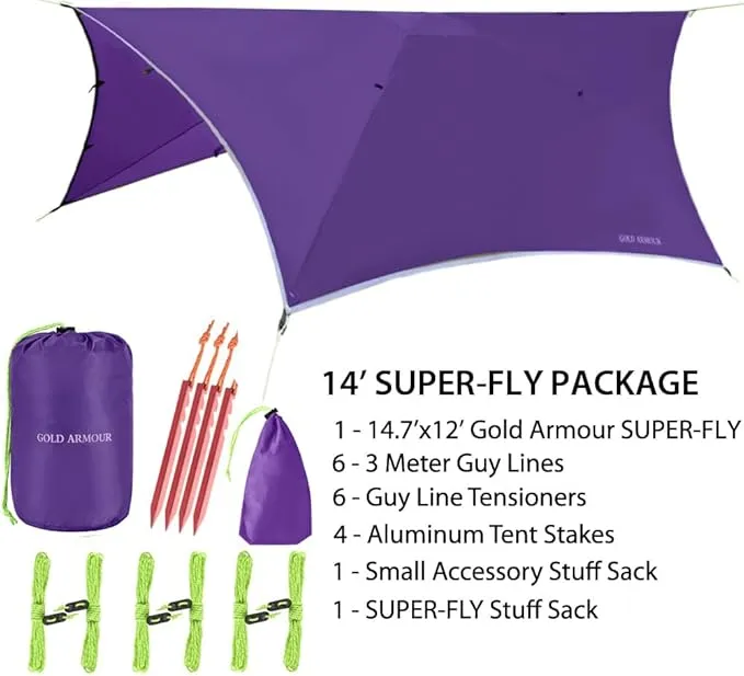 Gold Armour Rainfly Tarp for Hammock and for Tent, Camping Essentials Rain Fly Cover, Waterproof Lightweight Camping Accessories, Survival Camping Gear Camping Tent Accessories (Purple)