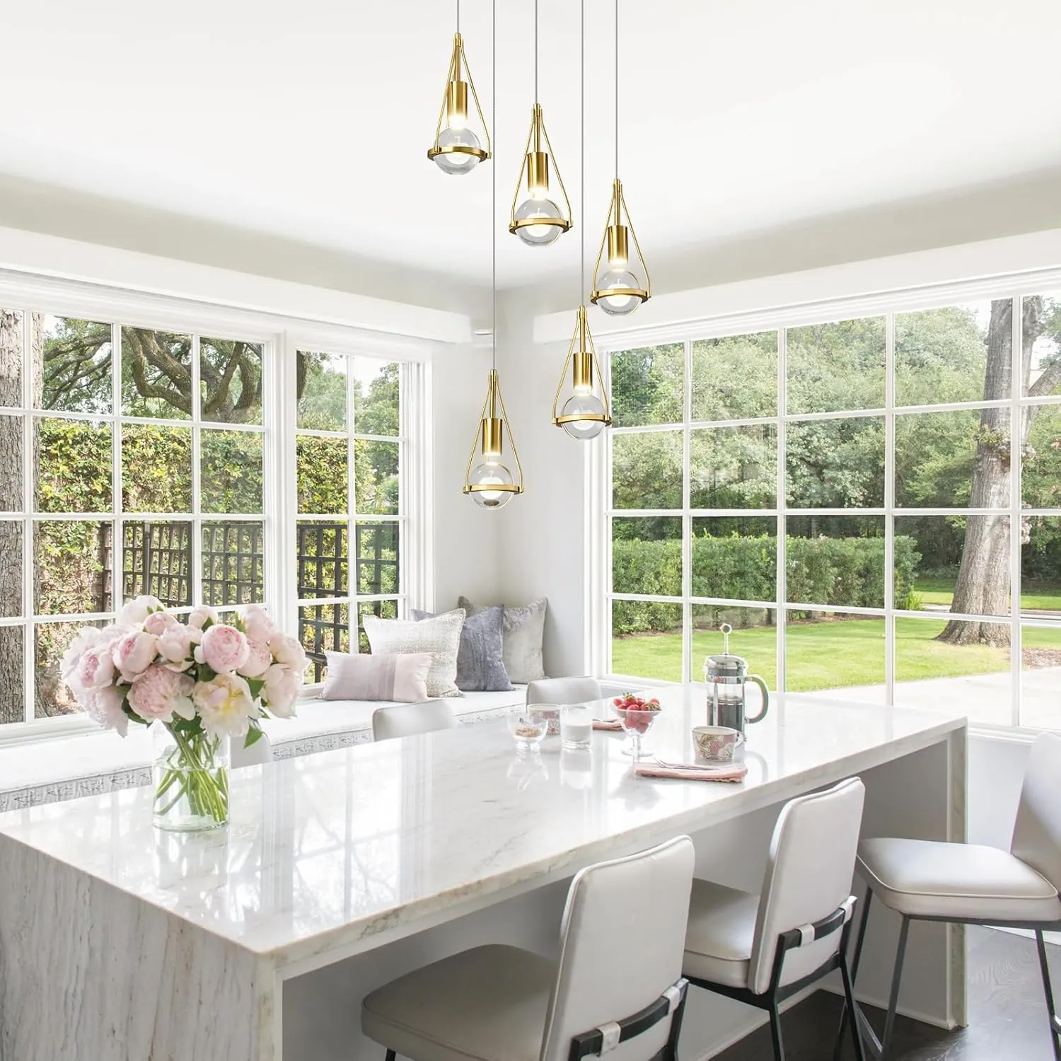 Gold Dandelion Pendant Light in Brushed Brass Finish, 5-Light Modern Crystal Kitchen Island Pendant Lighting Dimmable LED Hanging Ceiling Light Fixture for Bathroom Bedroom