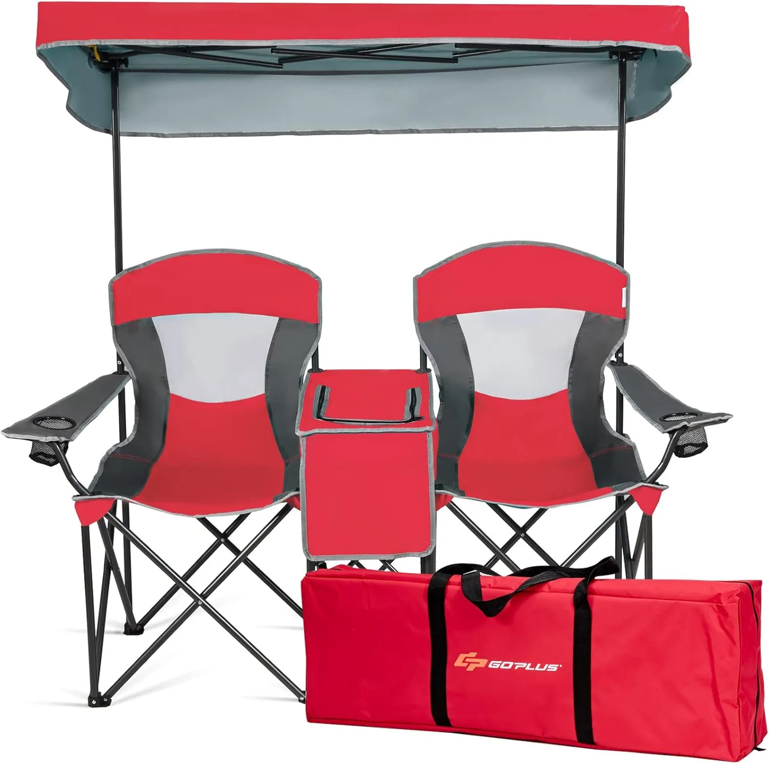Goplus Double Beach Chair with Canopy Shade, Folding Lawn Camping Chairs with Sunshade & Mini Table Beverage Holder & Carrying Bag for Outdoor Travel Hiking Fishing Poolside