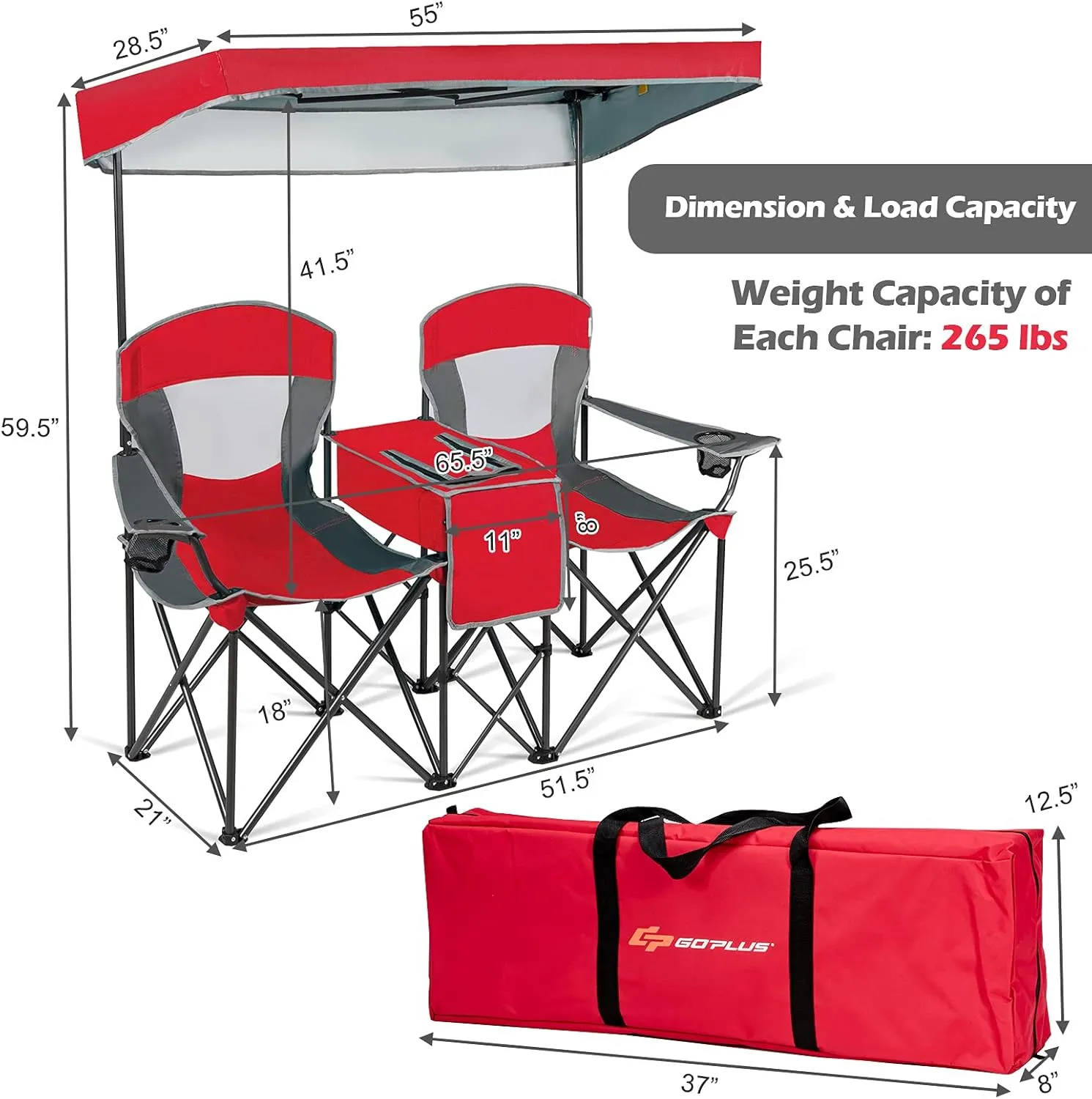 Goplus Double Beach Chair with Canopy Shade, Folding Lawn Camping Chairs with Sunshade & Mini Table Beverage Holder & Carrying Bag for Outdoor Travel Hiking Fishing Poolside