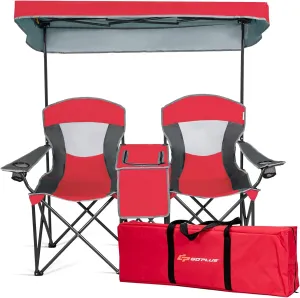 Goplus Double Beach Chair with Canopy Shade, Folding Lawn Camping Chairs with Sunshade & Mini Table Beverage Holder & Carrying Bag for Outdoor Travel Hiking Fishing Poolside