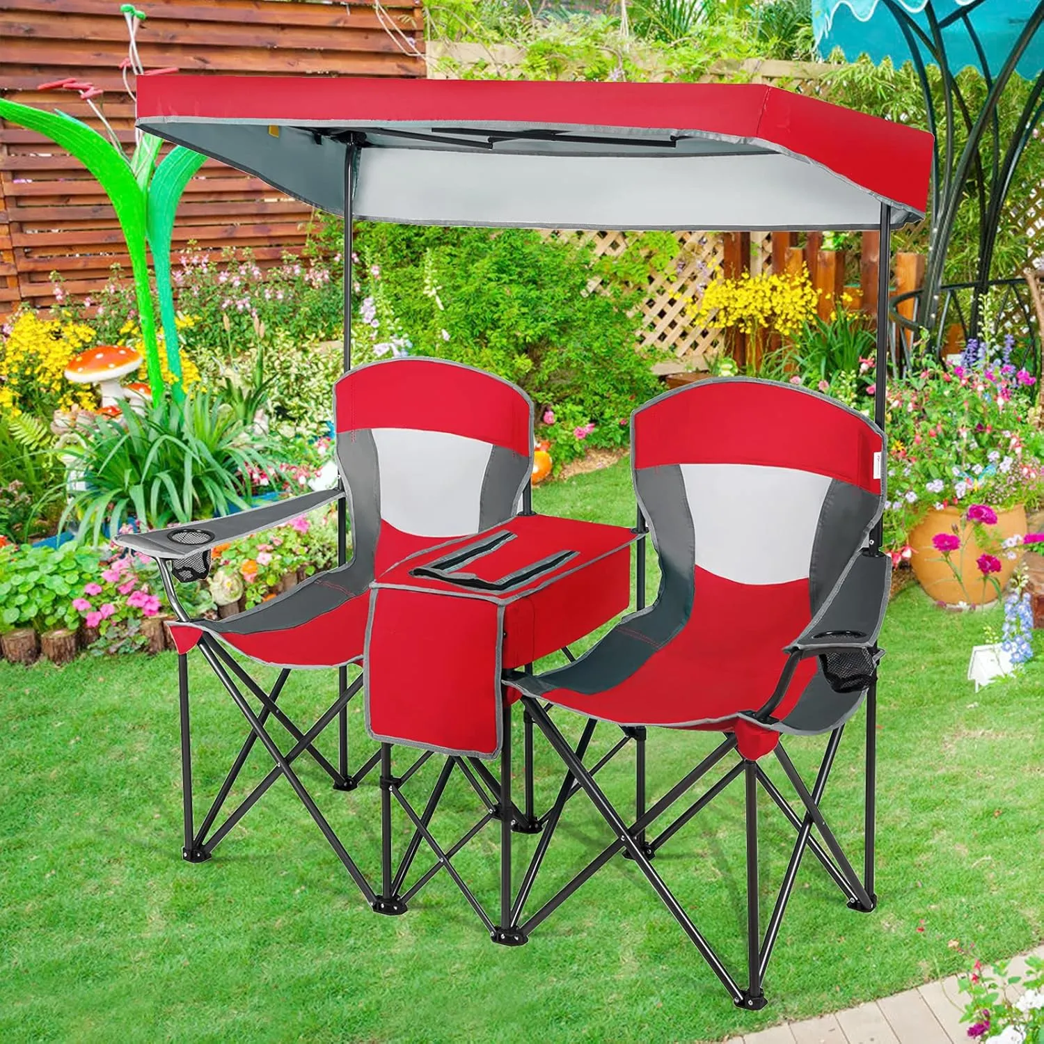 Goplus Double Beach Chair with Canopy Shade, Folding Lawn Camping Chairs with Sunshade & Mini Table Beverage Holder & Carrying Bag for Outdoor Travel Hiking Fishing Poolside