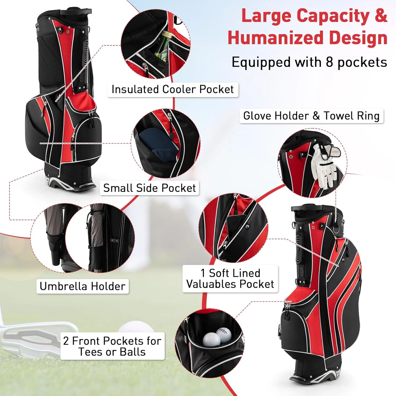 Goplus Golf Stand Bag, Lightweight Golf Club Bag with 6 Way Top Dividers, 8 Pockets, Cooler Bag, Rain Hood, Dual Shoulder Strap, Umbrella Holder, Portable Golf Bag with Stand for Women Men
