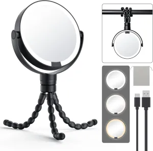 Gospire 5.85” Tripod Travel Makeup Mirror with Lights and Magnification 1X/10X, 4 in 1 Winding Hanging Handheld Tabletop, 3 Light Colors and Adjustable Brightness – Black
