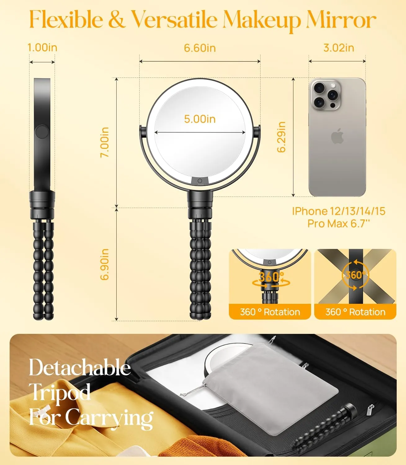 Gospire 5.85” Tripod Travel Makeup Mirror with Lights and Magnification 1X/10X, 4 in 1 Winding Hanging Handheld Tabletop, 3 Light Colors and Adjustable Brightness – Black