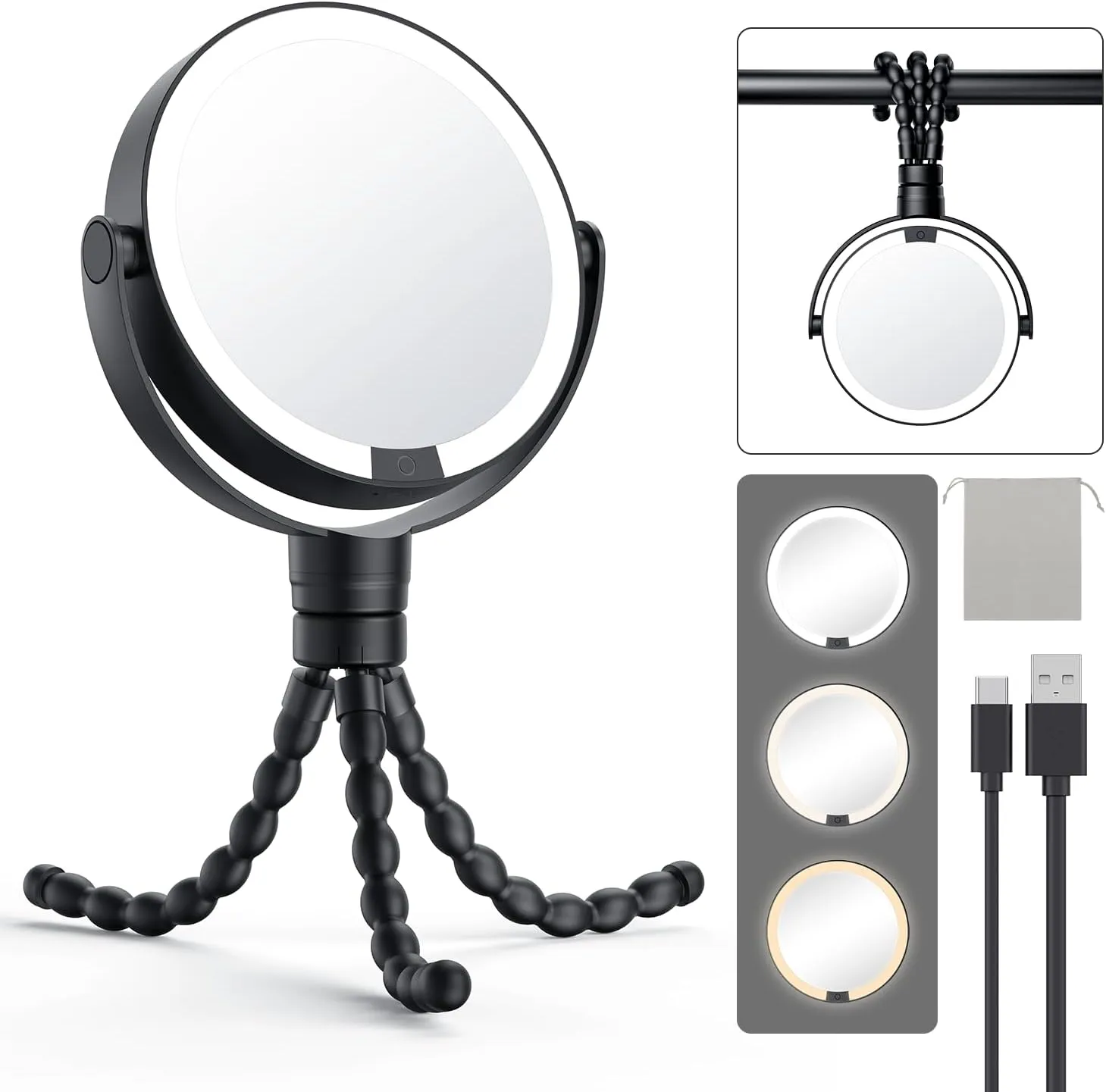 Gospire 5.85” Tripod Travel Makeup Mirror with Lights and Magnification 1X/10X, 4 in 1 Winding Hanging Handheld Tabletop, 3 Light Colors and Adjustable Brightness – Black