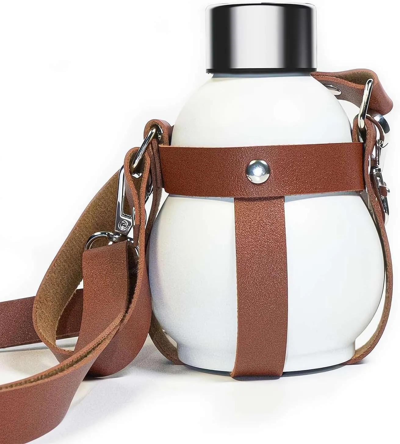 Gourd Water Bottle, Retro Style Gourd Sports Water Bottle, 316 Stainless Steel Winter Thermos Cup 280ml Travel Water Bottle, for Outdoor and Indoor, Valentine's Day Gifts (White with shoulder strap)