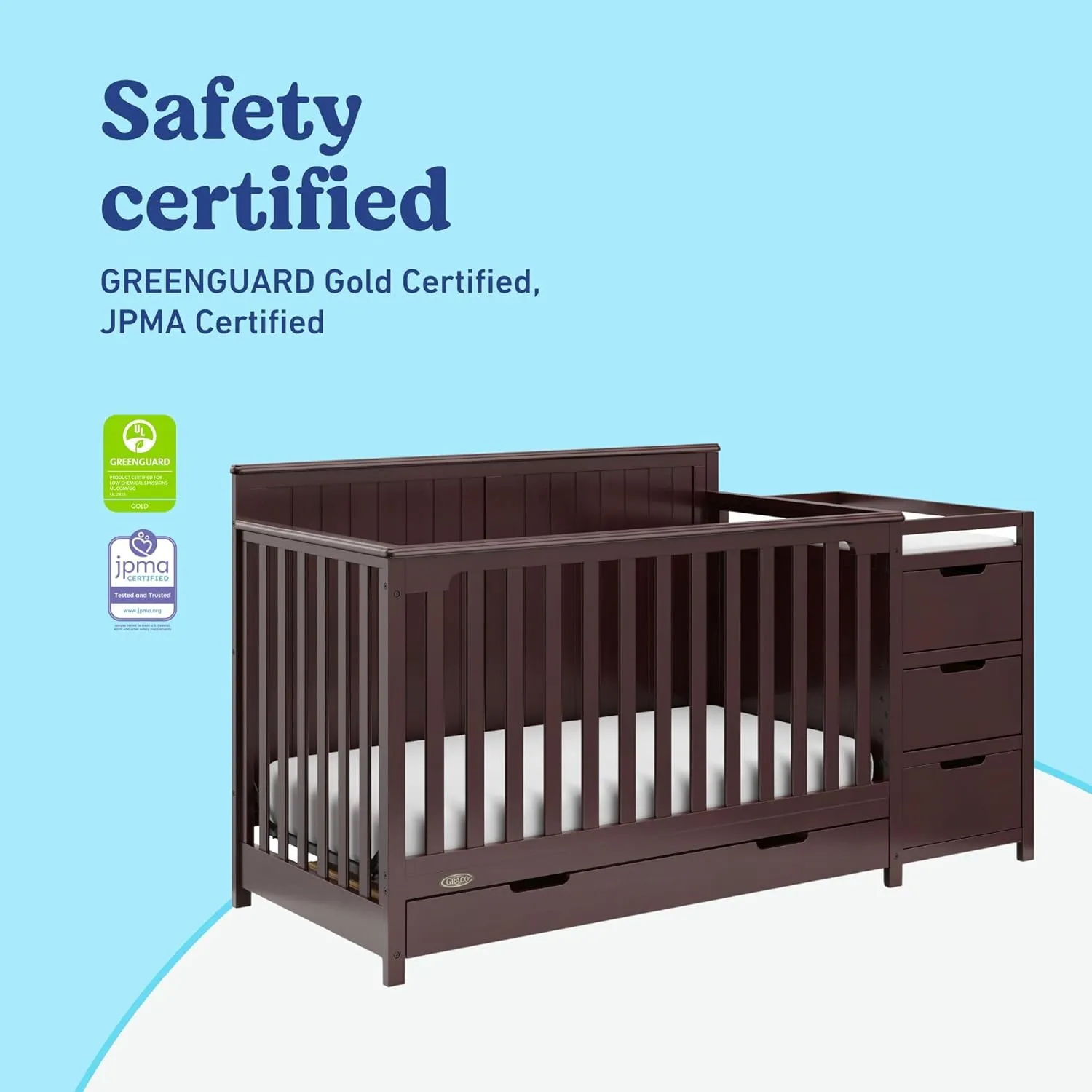 Graco Hadley 5-in-1 Convertible Crib and Changer with Drawer (Espresso) – GREENGUARD Gold Certified, Crib and Changing -Table Combo with Drawer, Includes Baby Changing Pad, Converts to Full-Size Bed