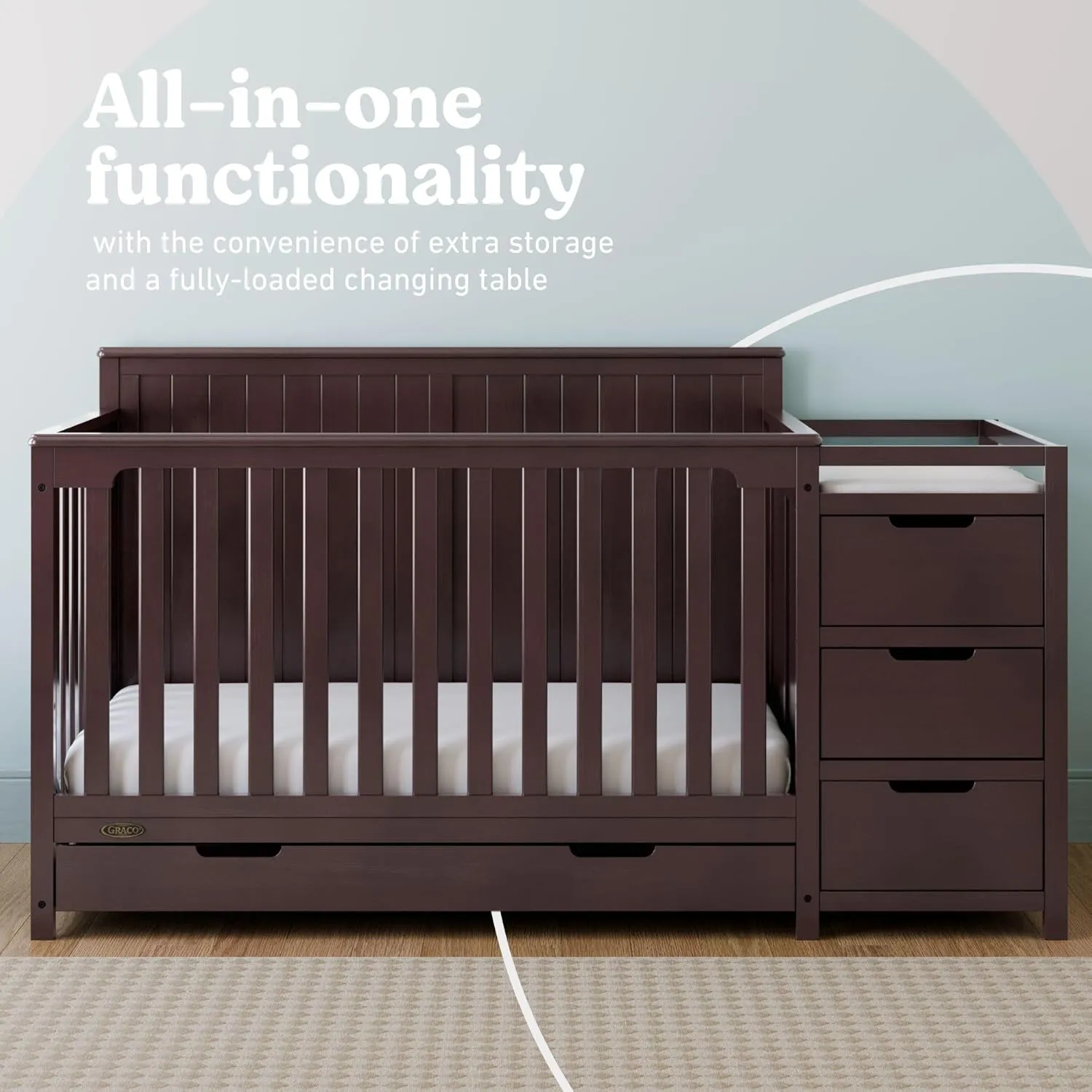 Graco Hadley 5-in-1 Convertible Crib and Changer with Drawer (Espresso) – GREENGUARD Gold Certified, Crib and Changing -Table Combo with Drawer, Includes Baby Changing Pad, Converts to Full-Size Bed