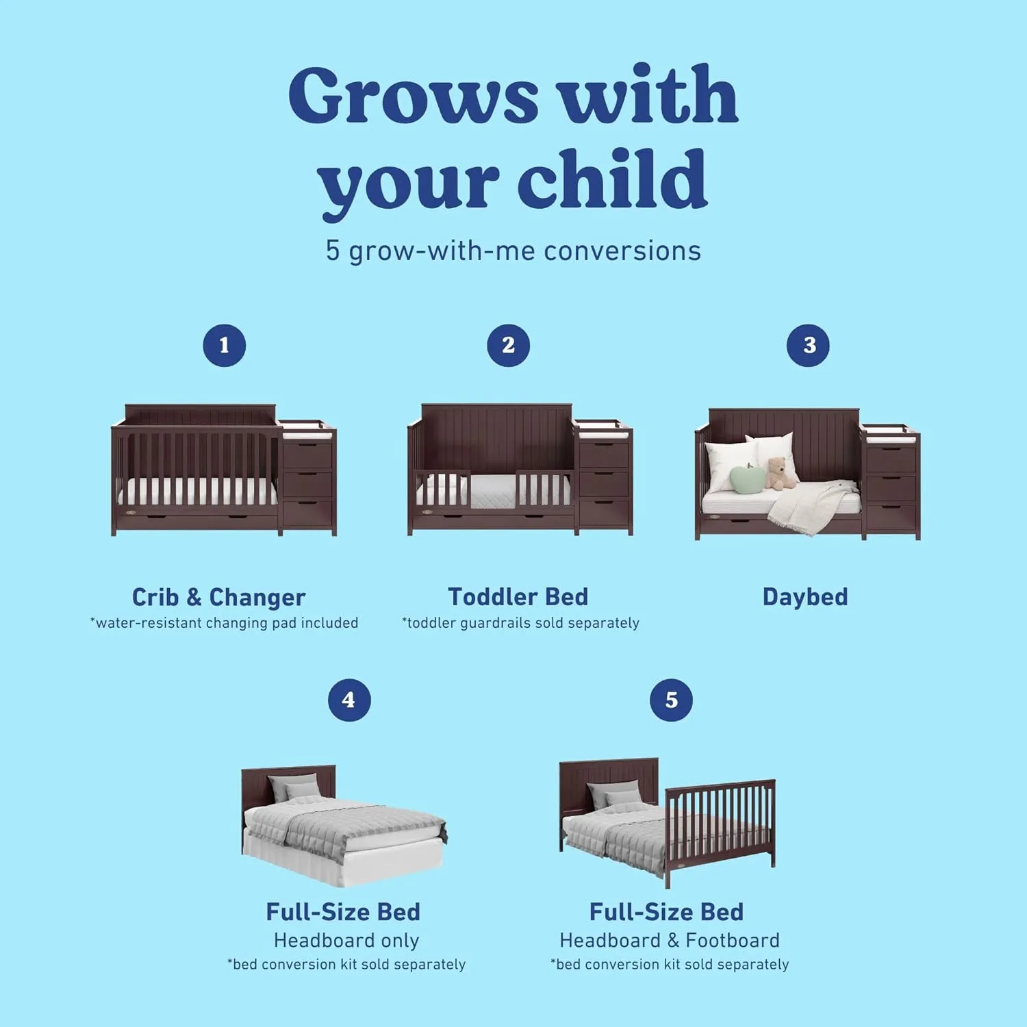 Graco Hadley 5-in-1 Convertible Crib and Changer with Drawer (Espresso) – GREENGUARD Gold Certified, Crib and Changing -Table Combo with Drawer, Includes Baby Changing Pad, Converts to Full-Size Bed