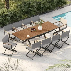 Grand patio 11-Piece Outdoor Dining Set, 10 Extra-Wide Folding Chairs & 1 Rectangle Expandable Table for 6-8 Person, Sling Mesh Patio Chairs with Wood Grain Table for Yard, Poolside, Deck, Gray