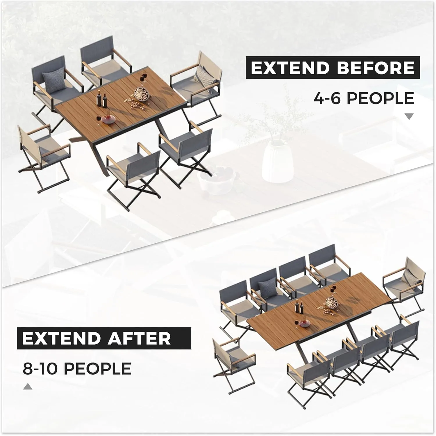 Grand patio 11-Piece Outdoor Dining Set, 10 Extra-Wide Folding Chairs & 1 Rectangle Expandable Table for 6-8 Person, Sling Mesh Patio Chairs with Wood Grain Table for Yard, Poolside, Deck, Gray