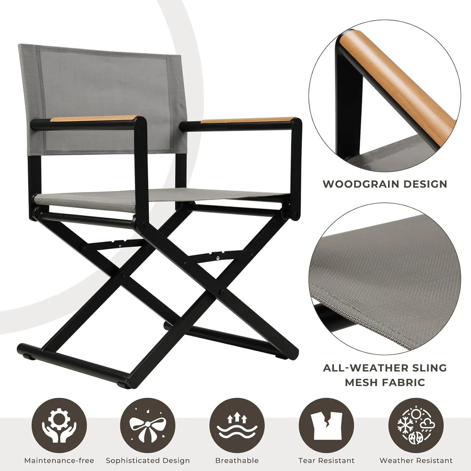 Grand patio 11-Piece Outdoor Dining Set, 10 Extra-Wide Folding Chairs & 1 Rectangle Expandable Table for 6-8 Person, Sling Mesh Patio Chairs with Wood Grain Table for Yard, Poolside, Deck, Gray