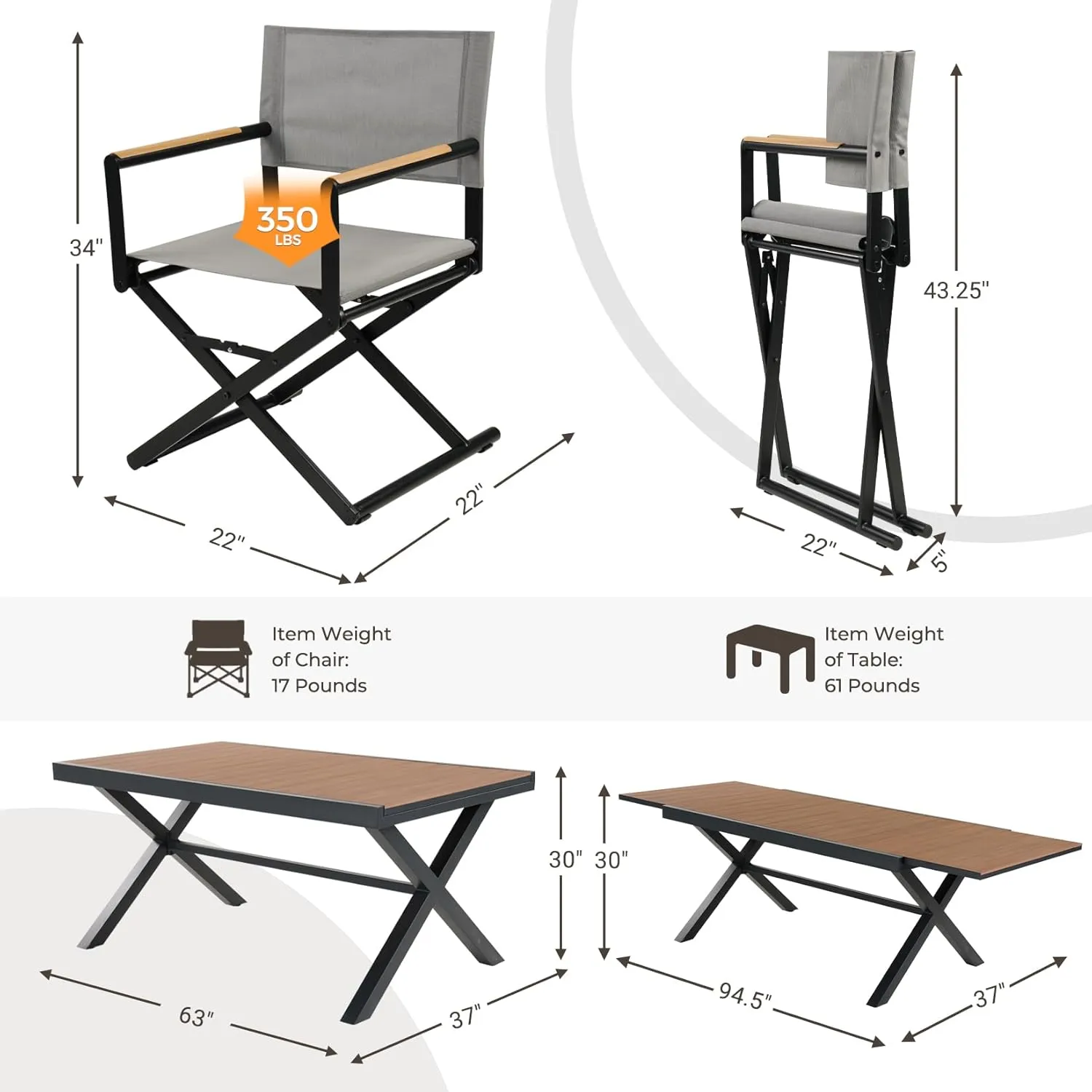 Grand patio 11-Piece Outdoor Dining Set, 10 Extra-Wide Folding Chairs & 1 Rectangle Expandable Table for 6-8 Person, Sling Mesh Patio Chairs with Wood Grain Table for Yard, Poolside, Deck, Gray