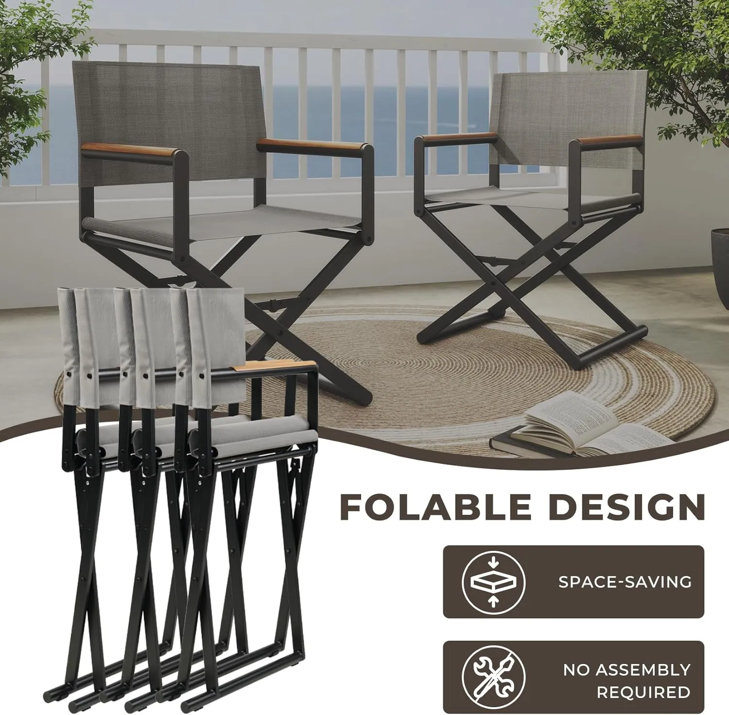 Grand patio 11-Piece Outdoor Dining Set, 10 Extra-Wide Folding Chairs & 1 Rectangle Expandable Table for 6-8 Person, Sling Mesh Patio Chairs with Wood Grain Table for Yard, Poolside, Deck, Gray