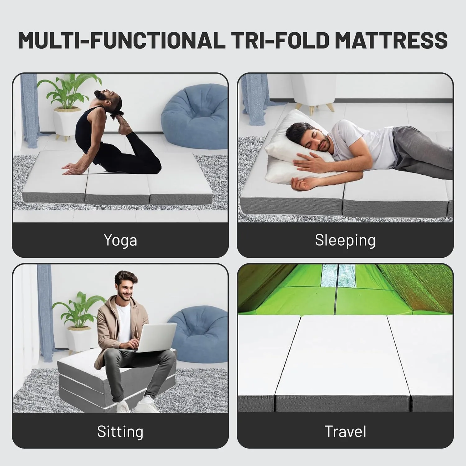 Greaton, 4-Inch Tri-Folding Gel Memory Foam Portable Floor Mattress | Breathable Mesh, Ultra Soft, Cot Pad, Removable and Washable Cover, Comfortable Support, Therapeutic Qualities, 25-Inch, White