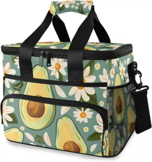 Green Avocado White Daisy Cooler Bag Insulated Cooler Soft Sided Cooler 24 Can Portable Picnic Bag Large Leakproof Lunch Bag Box for Beach Grocery Camping Travel Car Men Women