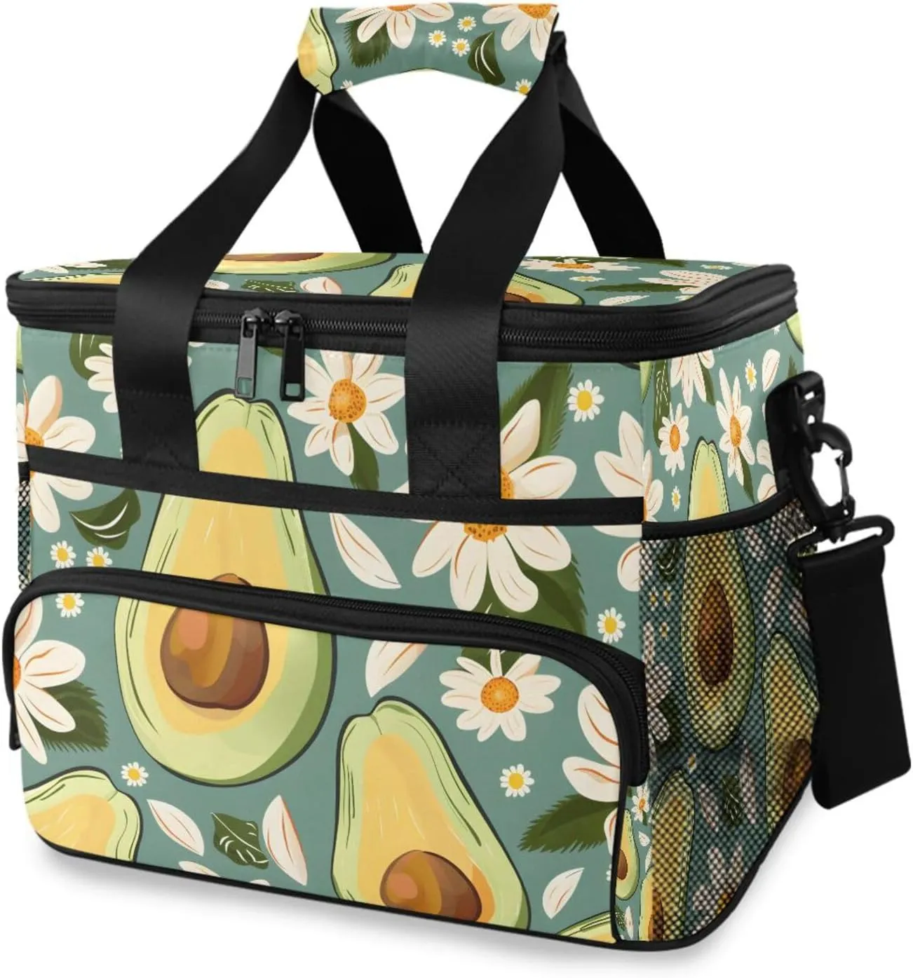 Green Avocado White Daisy Cooler Bag Insulated Cooler Soft Sided Cooler 24 Can Portable Picnic Bag Large Leakproof Lunch Bag Box for Beach Grocery Camping Travel Car Men Women