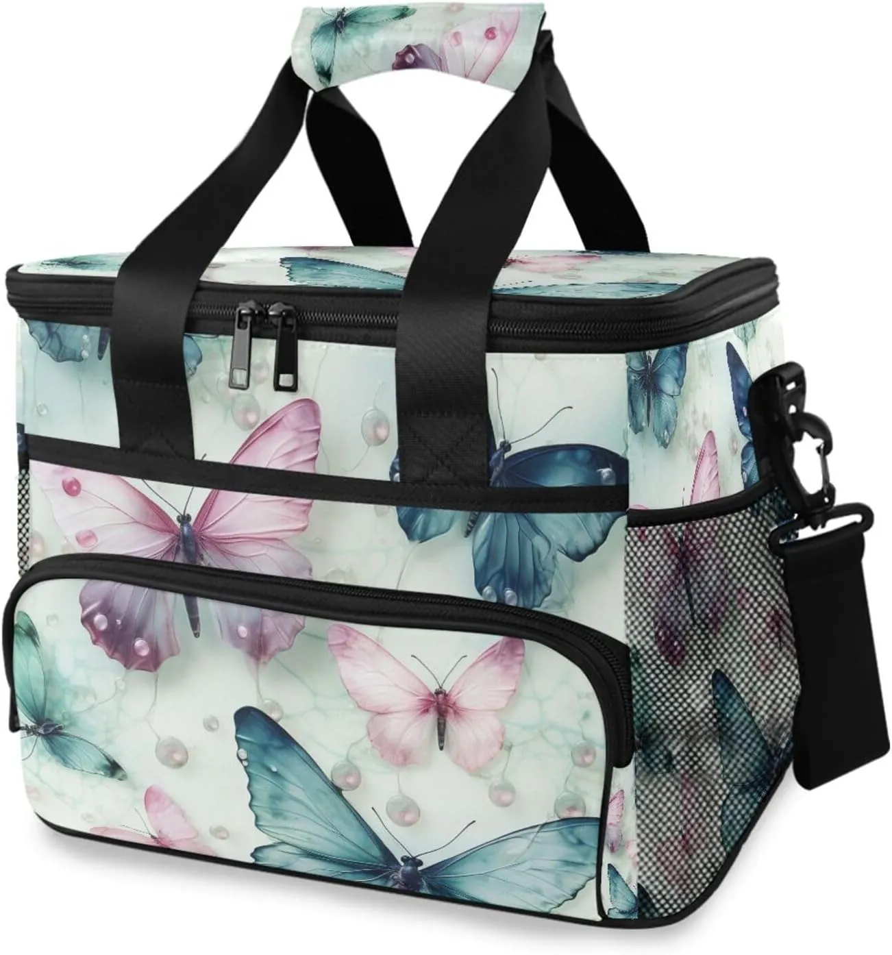 Green Butterfly Pink Butterflies Cooler Bag Insulated Cooler Soft Sided Cooler 24 Can Portable Picnic Bag Large Leakproof Lunch Bag Box for Beach Grocery Camping Travel Car Men Women