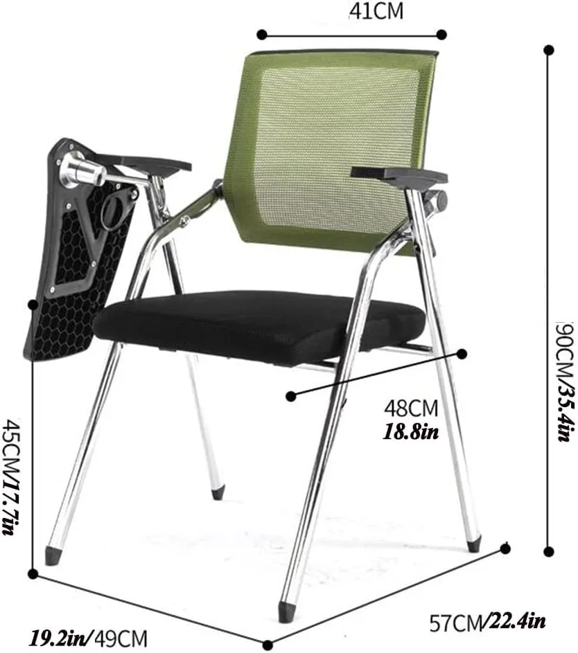 Green Mesh Office Desk Chair With Lumbar Support, Foldable Computer Desk Chair With Tablet Arm, Writing Board, Cup Holder, Metal Frame Backrest