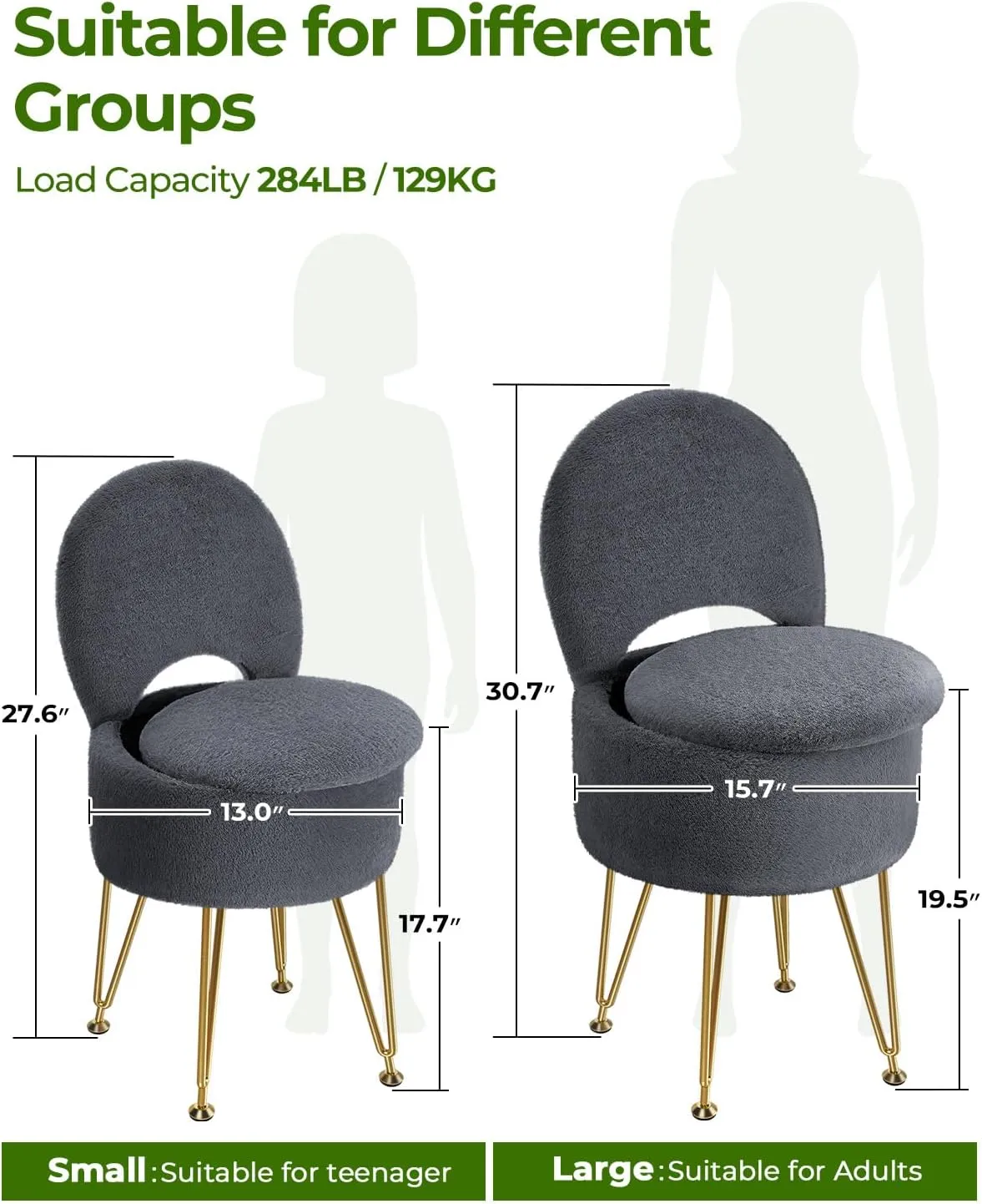 GREENSTELL Vanity Stool Chair with Storage and Folding Back, 15.7" x 15.7" x 19.5" Faux Fur Soft Ottoman for Adults, 4 Metal Legs with Anti-Slip Feet, Furry Padded Seat for Makeup, Bedroom, Grey