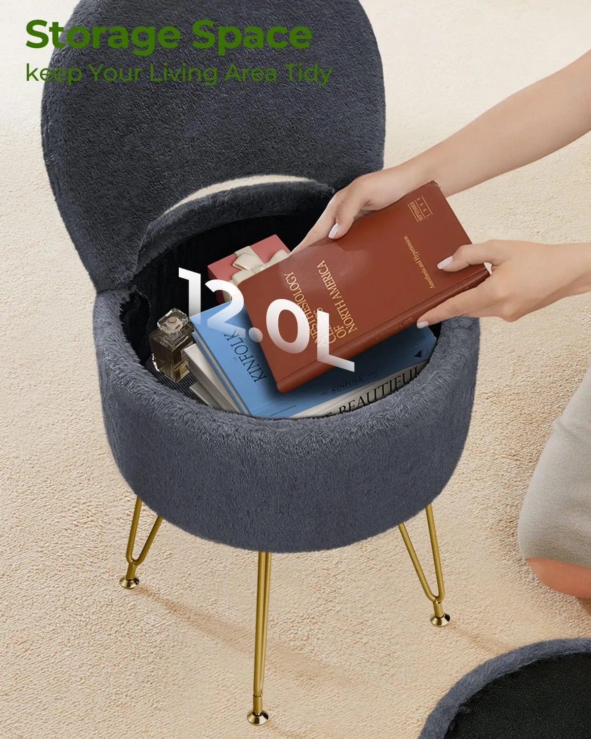 GREENSTELL Vanity Stool Chair with Storage and Folding Back, 15.7" x 15.7" x 19.5" Faux Fur Soft Ottoman for Adults, 4 Metal Legs with Anti-Slip Feet, Furry Padded Seat for Makeup, Bedroom, Grey
