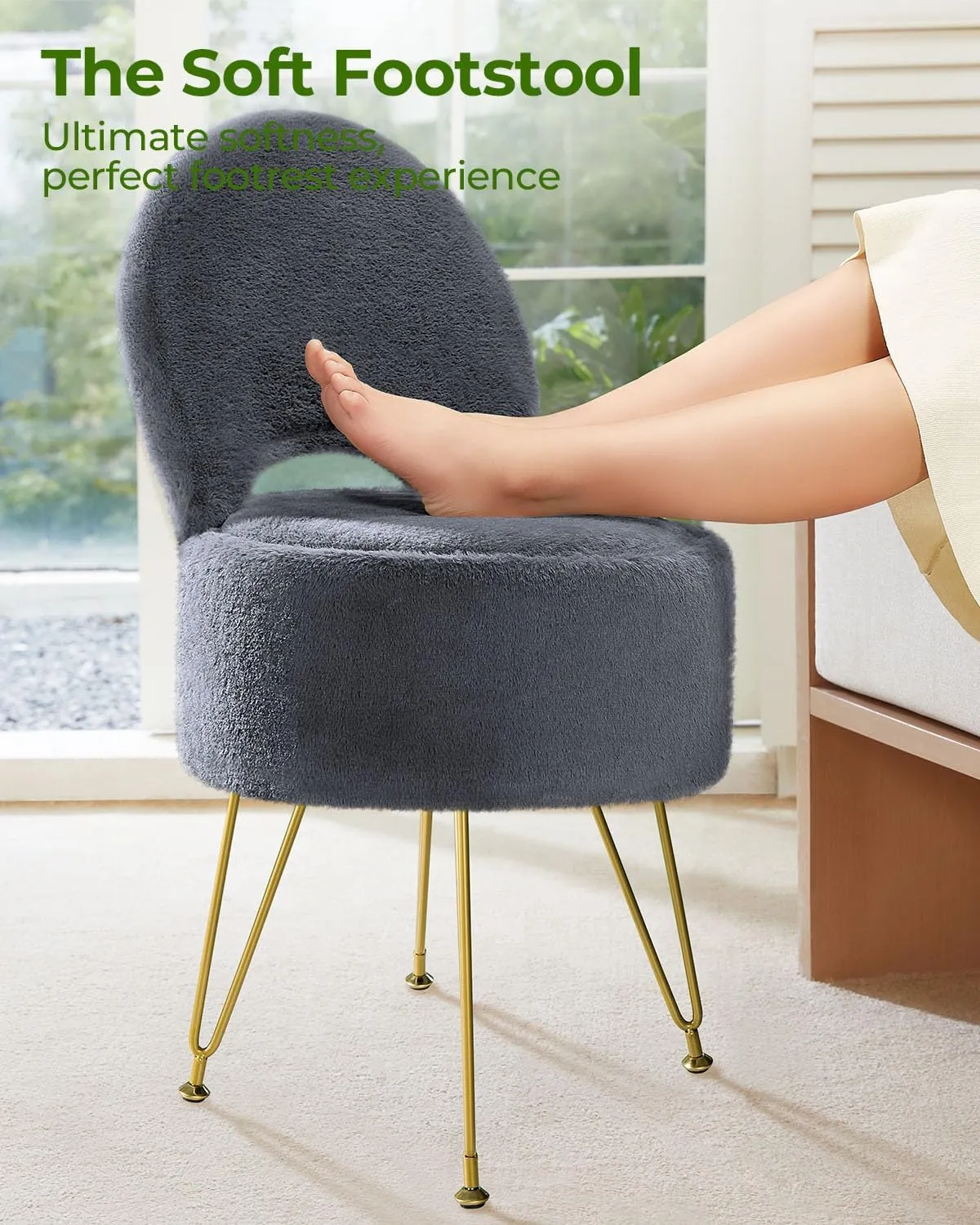 GREENSTELL Vanity Stool Chair with Storage and Folding Back, 15.7" x 15.7" x 19.5" Faux Fur Soft Ottoman for Adults, 4 Metal Legs with Anti-Slip Feet, Furry Padded Seat for Makeup, Bedroom, Grey