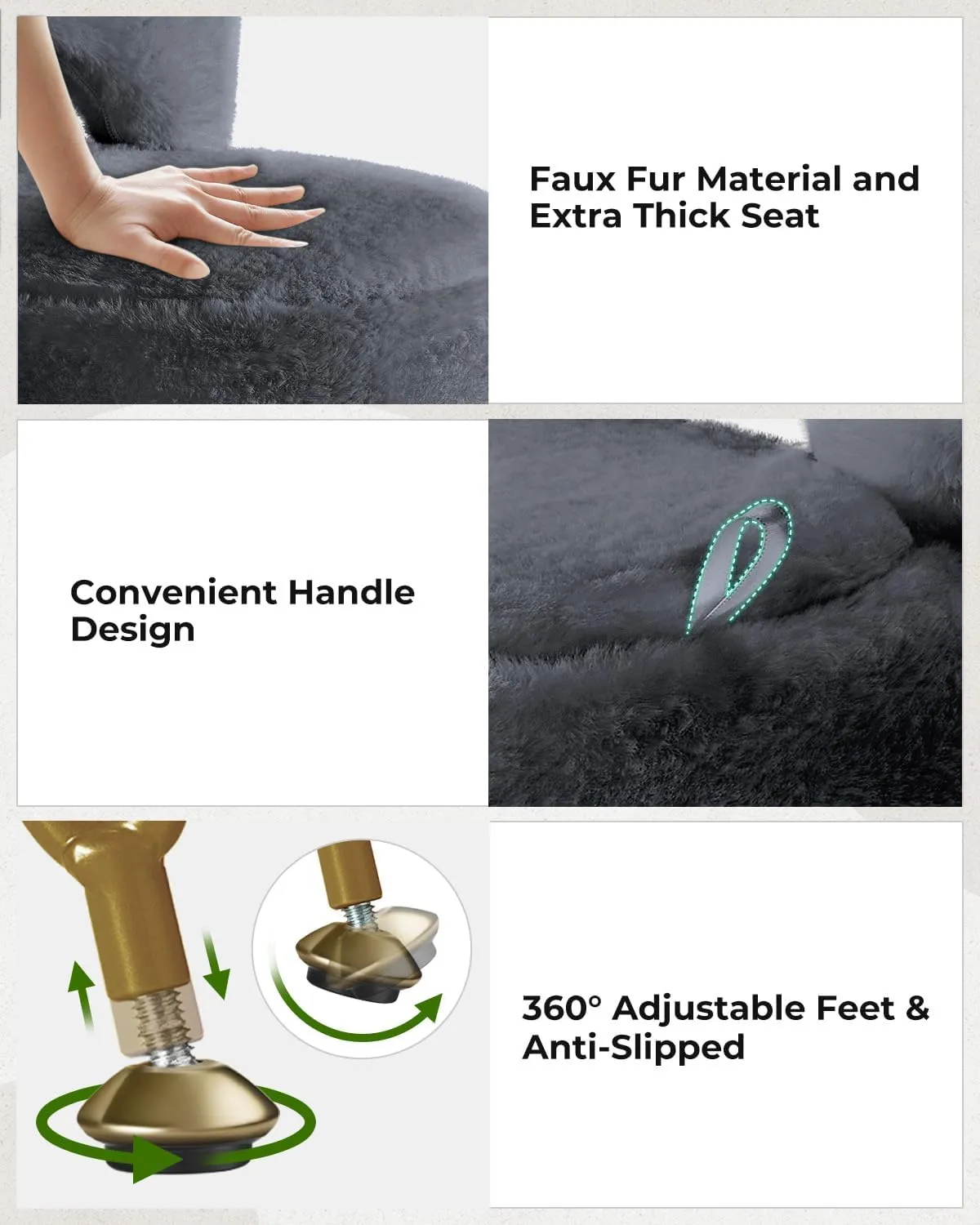 GREENSTELL Vanity Stool Chair with Storage and Folding Back, 15.7" x 15.7" x 19.5" Faux Fur Soft Ottoman for Adults, 4 Metal Legs with Anti-Slip Feet, Furry Padded Seat for Makeup, Bedroom, Grey