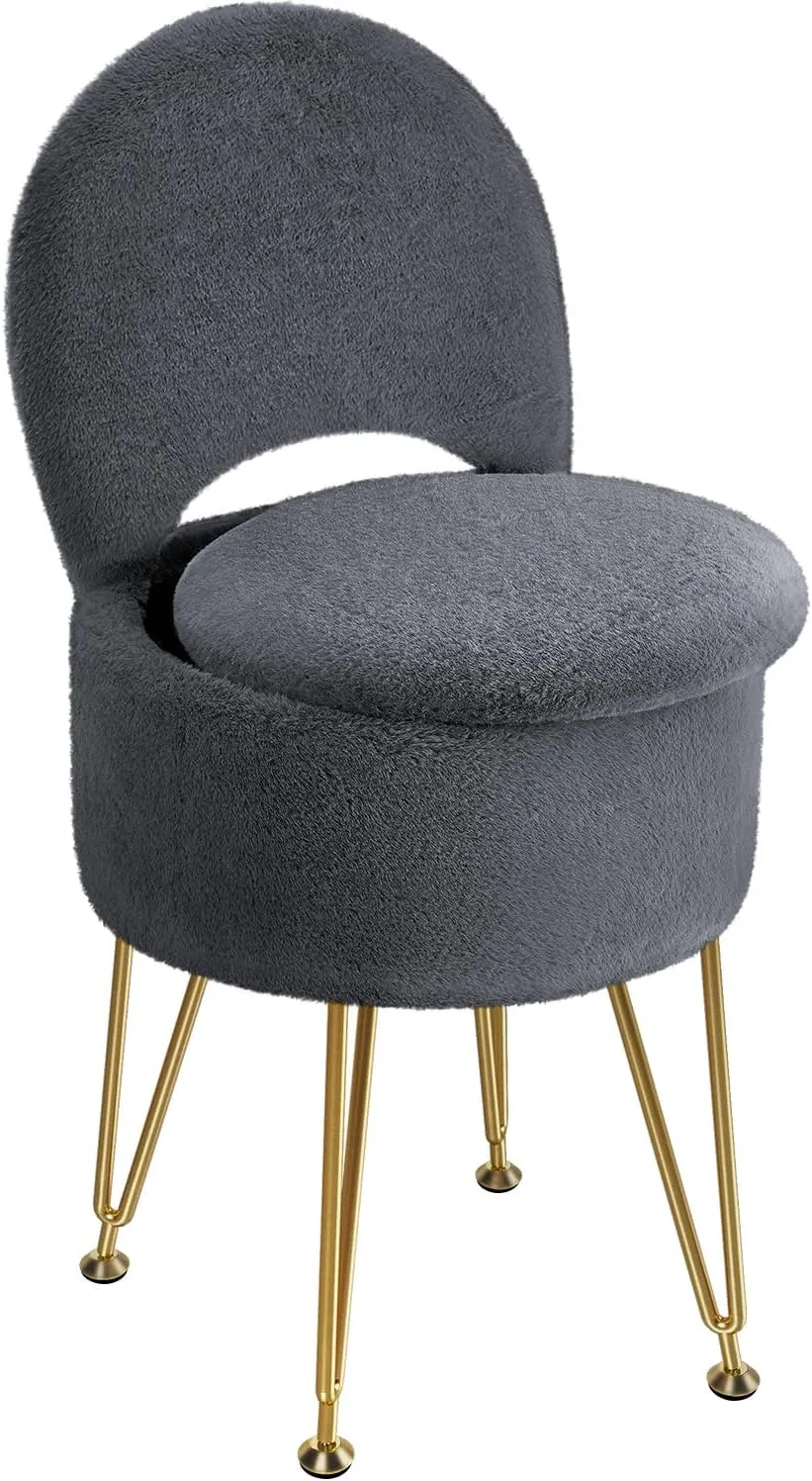 GREENSTELL Vanity Stool Chair with Storage and Folding Back, 15.7" x 15.7" x 19.5" Faux Fur Soft Ottoman for Adults, 4 Metal Legs with Anti-Slip Feet, Furry Padded Seat for Makeup, Bedroom, Grey