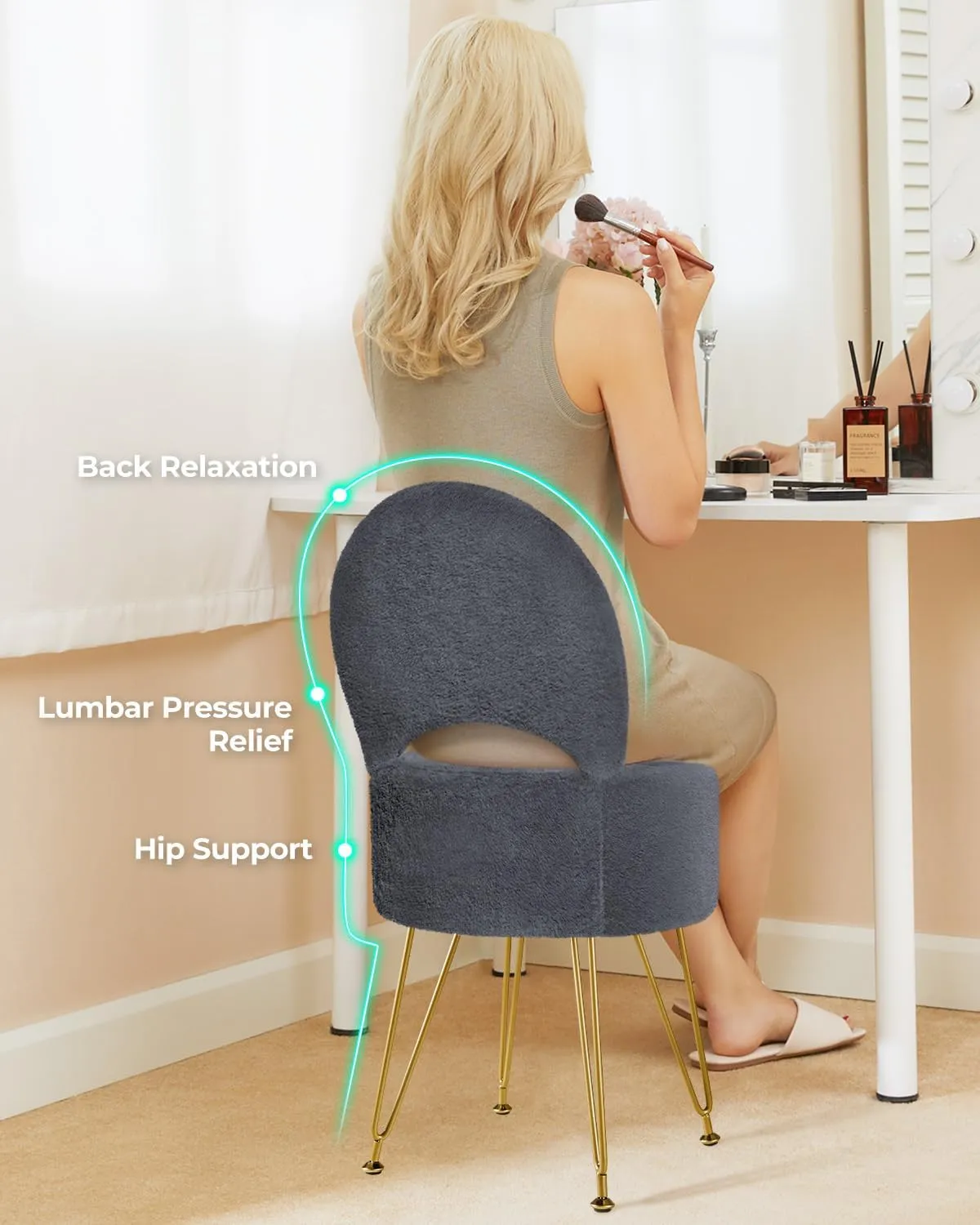 GREENSTELL Vanity Stool Chair with Storage and Folding Back, 15.7" x 15.7" x 19.5" Faux Fur Soft Ottoman for Adults, 4 Metal Legs with Anti-Slip Feet, Furry Padded Seat for Makeup, Bedroom, Grey