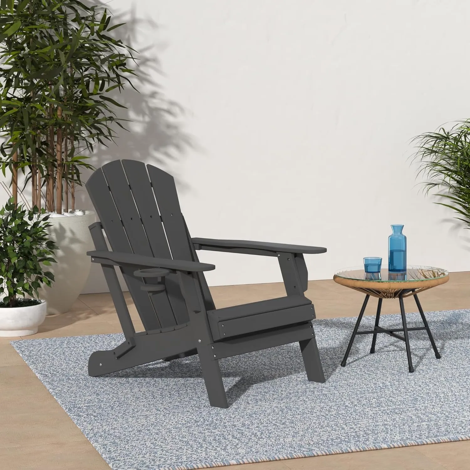 GREENVINES Folding-Adirondack-Chairs-Set-of-2 | HDPE Plastic | Fire Pit Chair | All Weather | Cup Holder | Grey | for Deck Backyard Patio Outdoor Garden