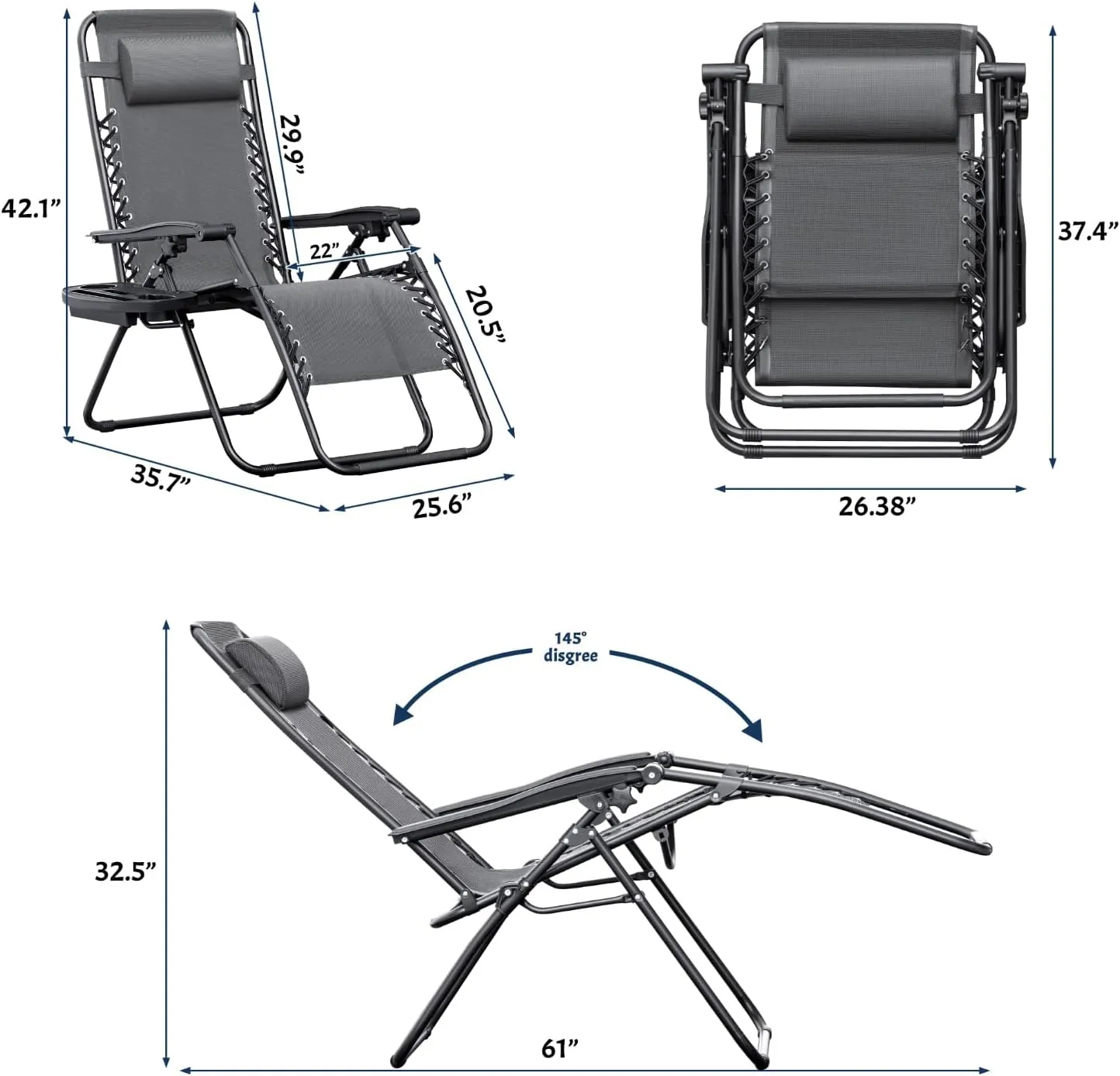 Greesum Zero Gravity Chairs Set of 2 Adjustable Steel Mesh Recliners Beach Deck Lawn Camping Patio Foldable Lounge Chair with Cup Holder Trays and Pillows,Gray