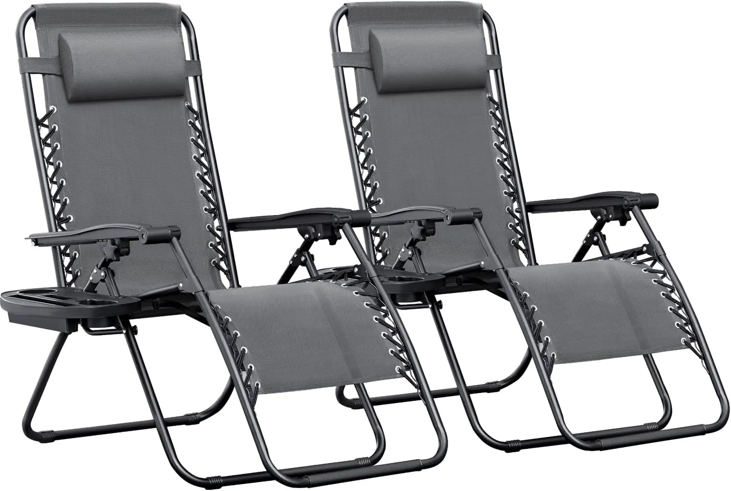 Greesum Zero Gravity Chairs Set of 2 Adjustable Steel Mesh Recliners Beach Deck Lawn Camping Patio Foldable Lounge Chair with Cup Holder Trays and Pillows,Gray
